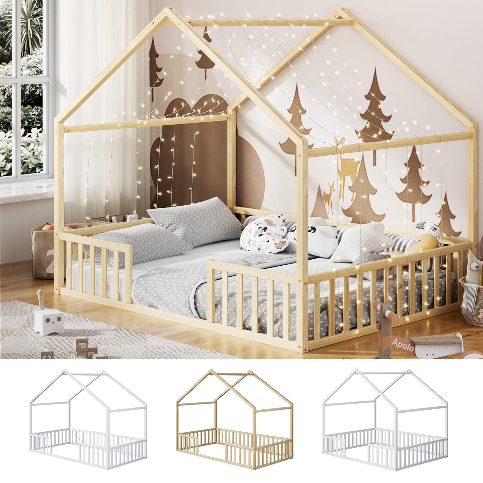 Oikiture Wooden Kids Bed Frame House Beds Natural White King Single Double - Sunyee