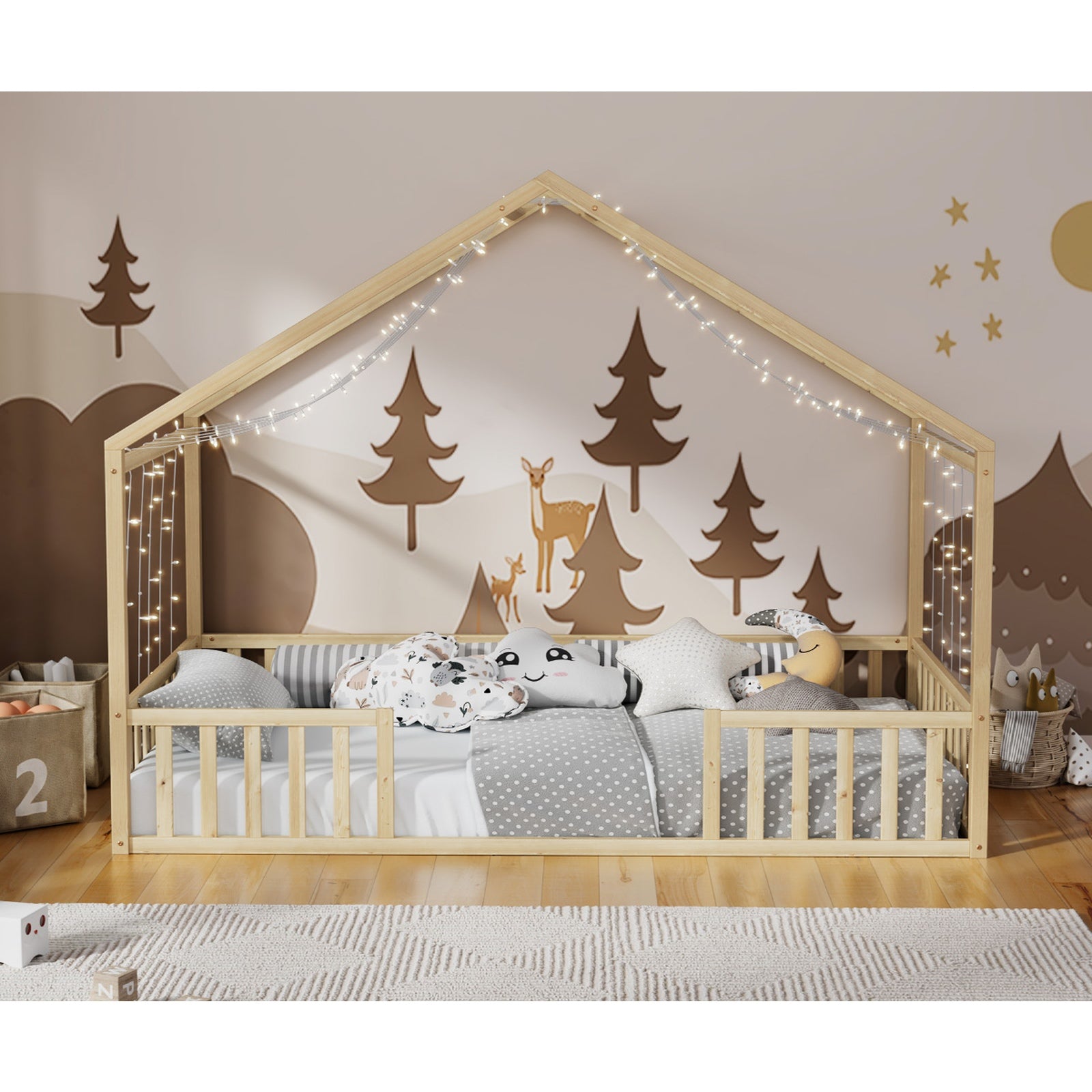 Oikiture Wooden Kids Bed Frame House Beds Natural White King Single Double - Sunyee