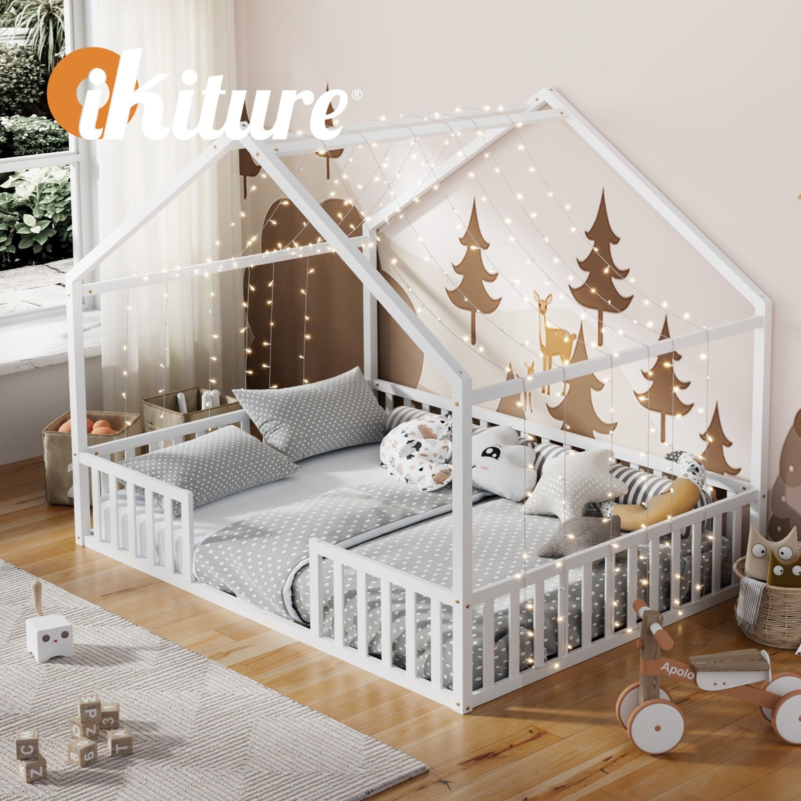 Oikiture Wooden Kids Bed Frame House Beds Natural White King Single Double - Sunyee