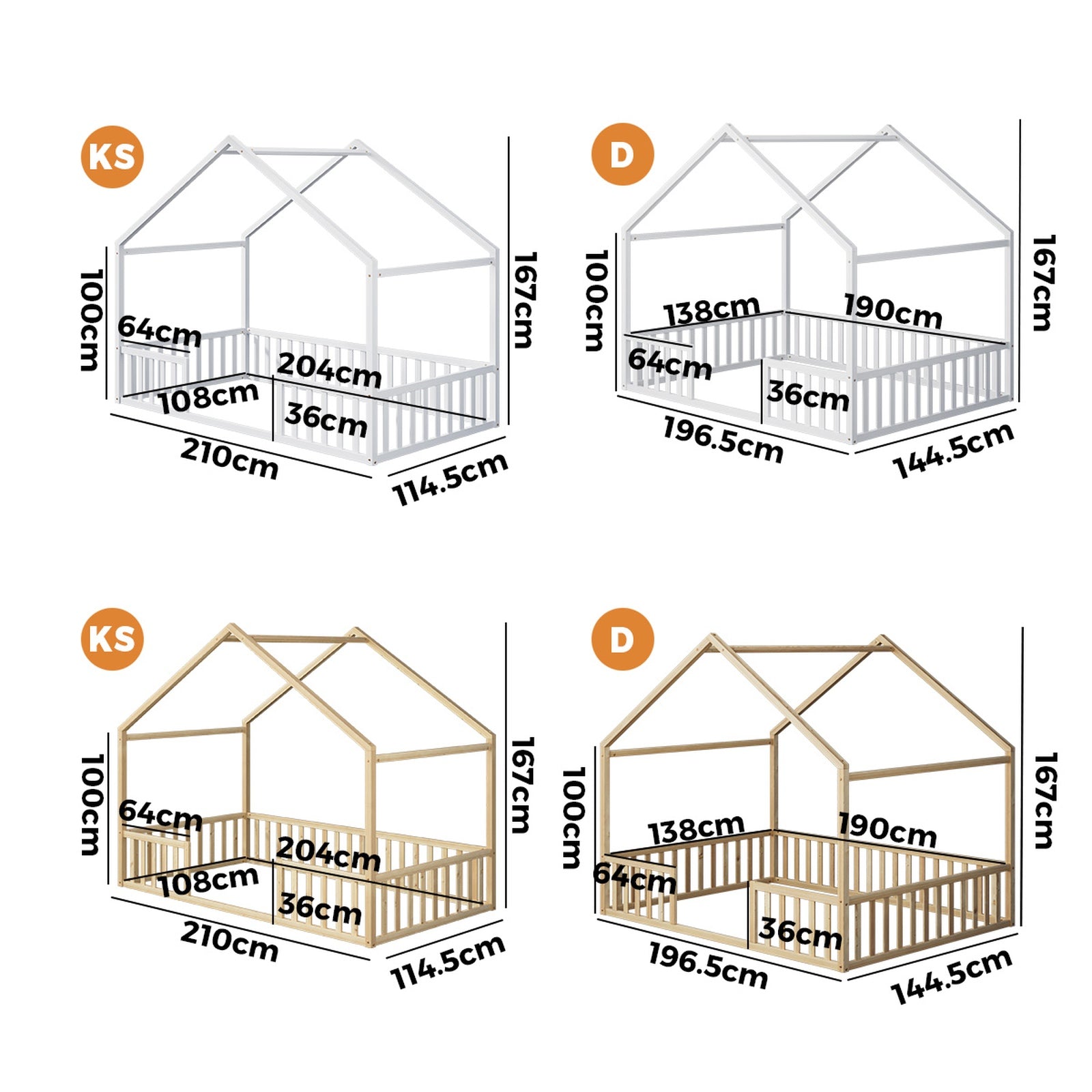 Oikiture Wooden Kids Bed Frame House Beds Natural White King Single Double - Sunyee