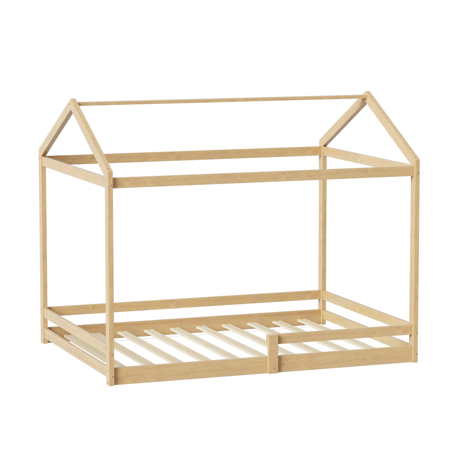 Oikiture Double Kids Wooden Bed Frame Timber House Beds Base with Fence Natural - Sunyee