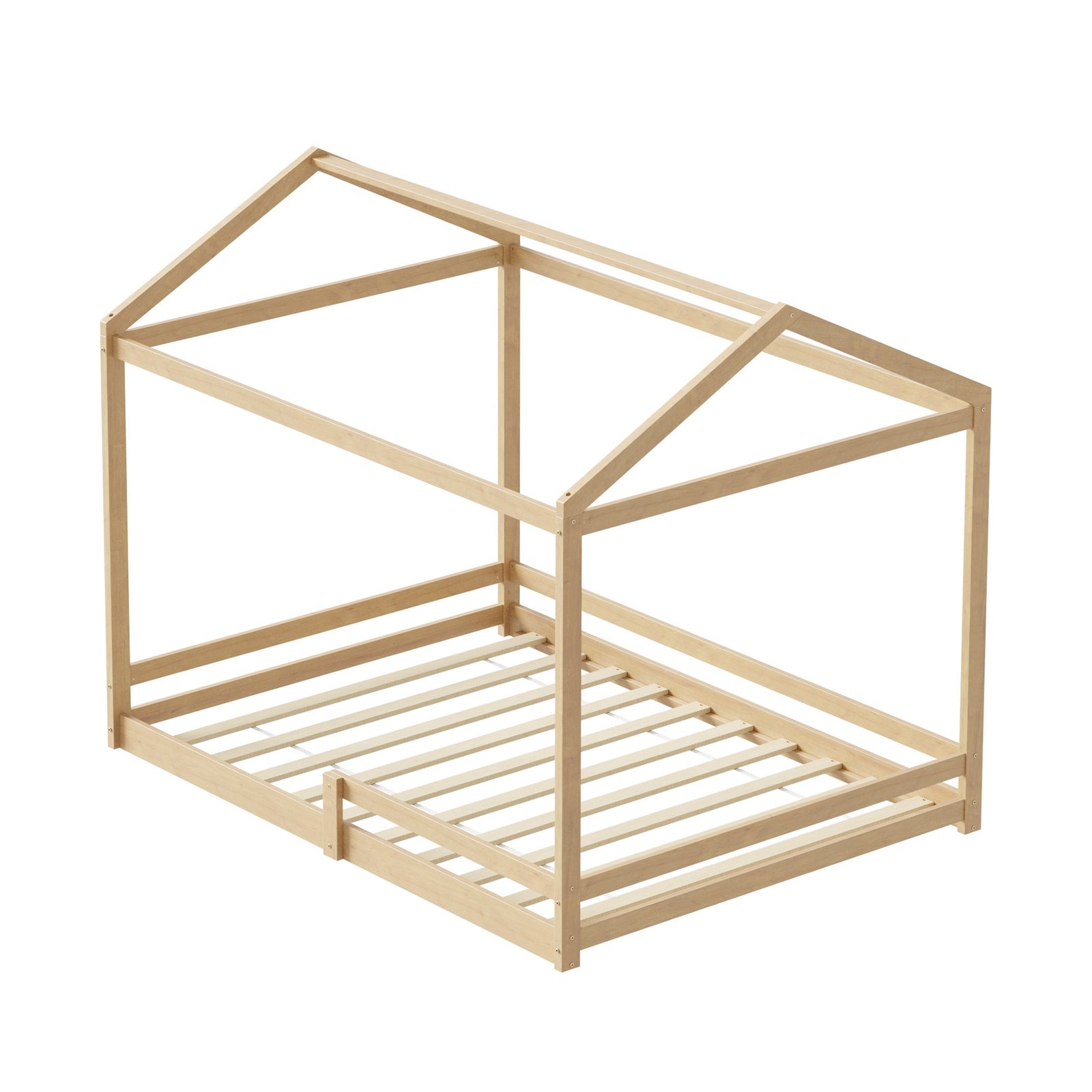 Oikiture Double Kids Wooden Bed Frame Timber House Beds Base with Fence Natural - Sunyee