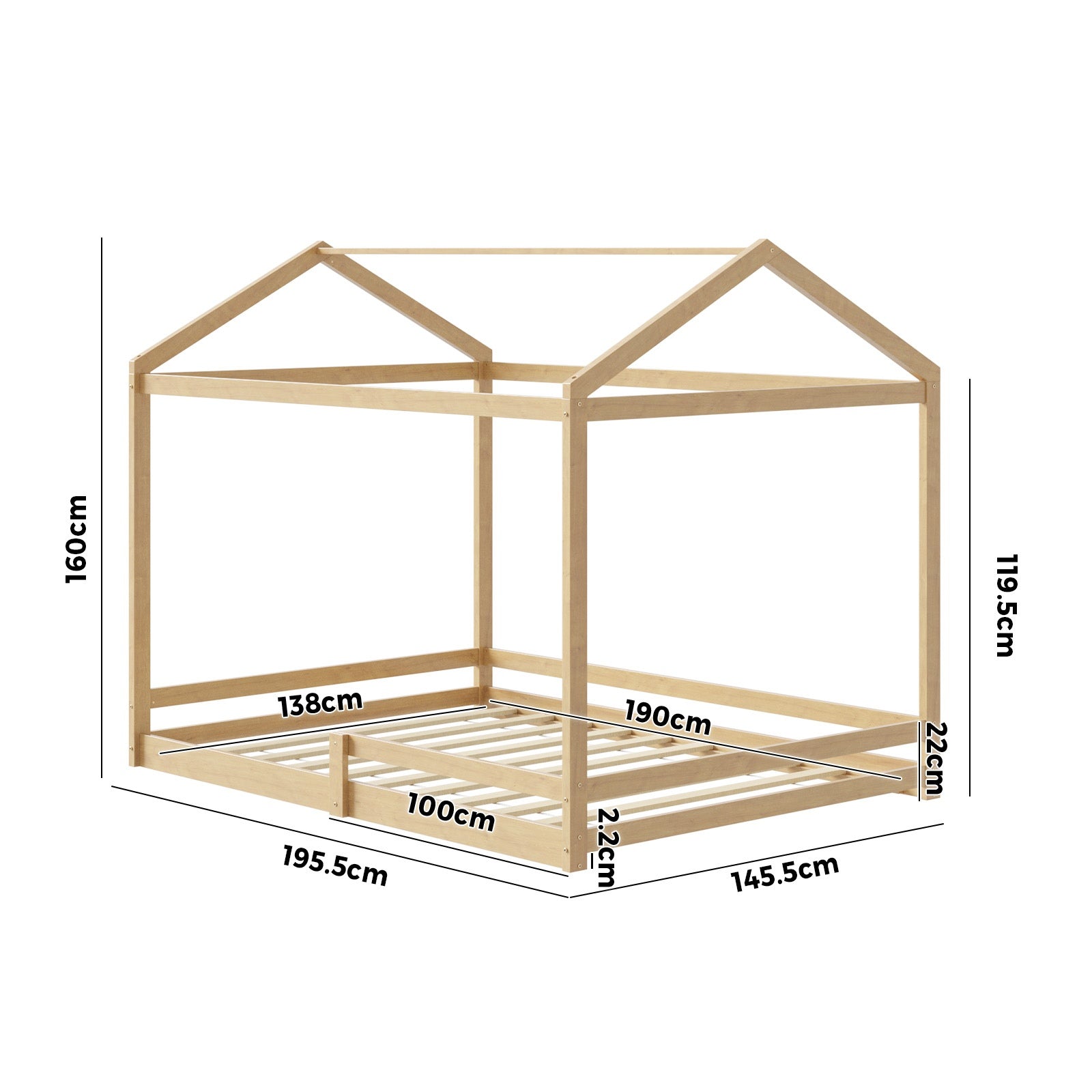 Oikiture Double Kids Wooden Bed Frame Timber House Beds Base with Fence Natural - Sunyee