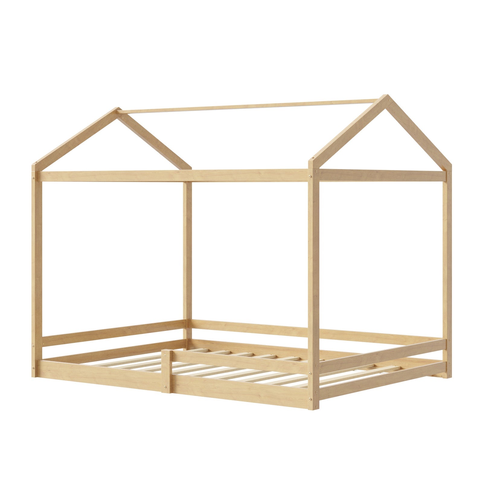Oikiture Double Kids Wooden Bed Frame Timber House Beds Base with Fence Natural - Sunyee