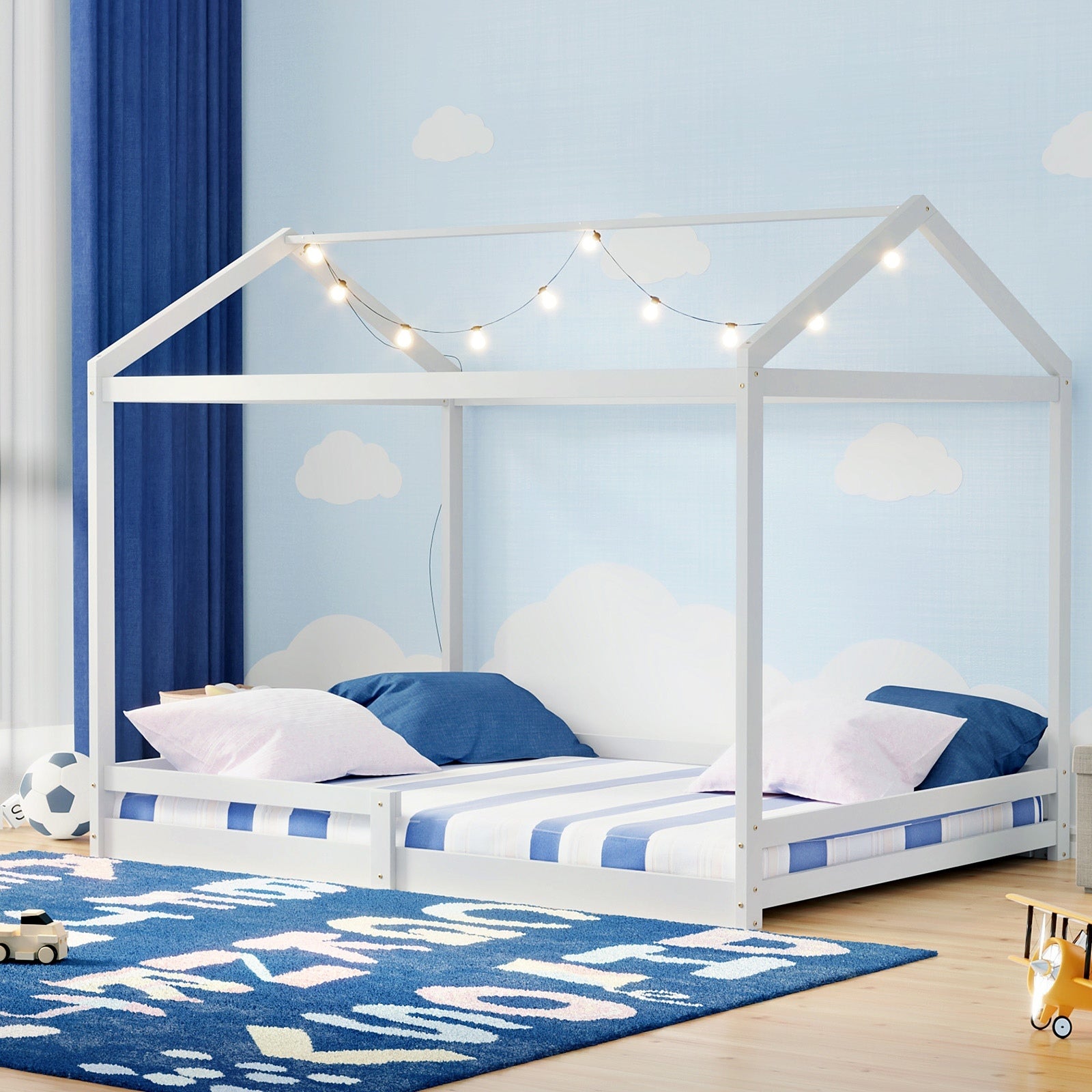 Oikiture Kids Wooden Bed Frame Timber House Beds Base with Fence Double White - Sunyee