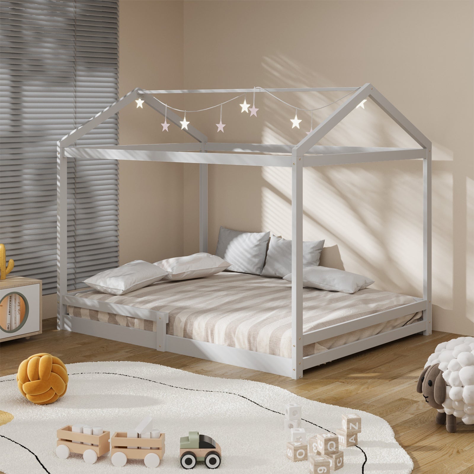Oikiture Kids Wooden Bed Frame Timber House Beds Base with Fence Double White - Sunyee