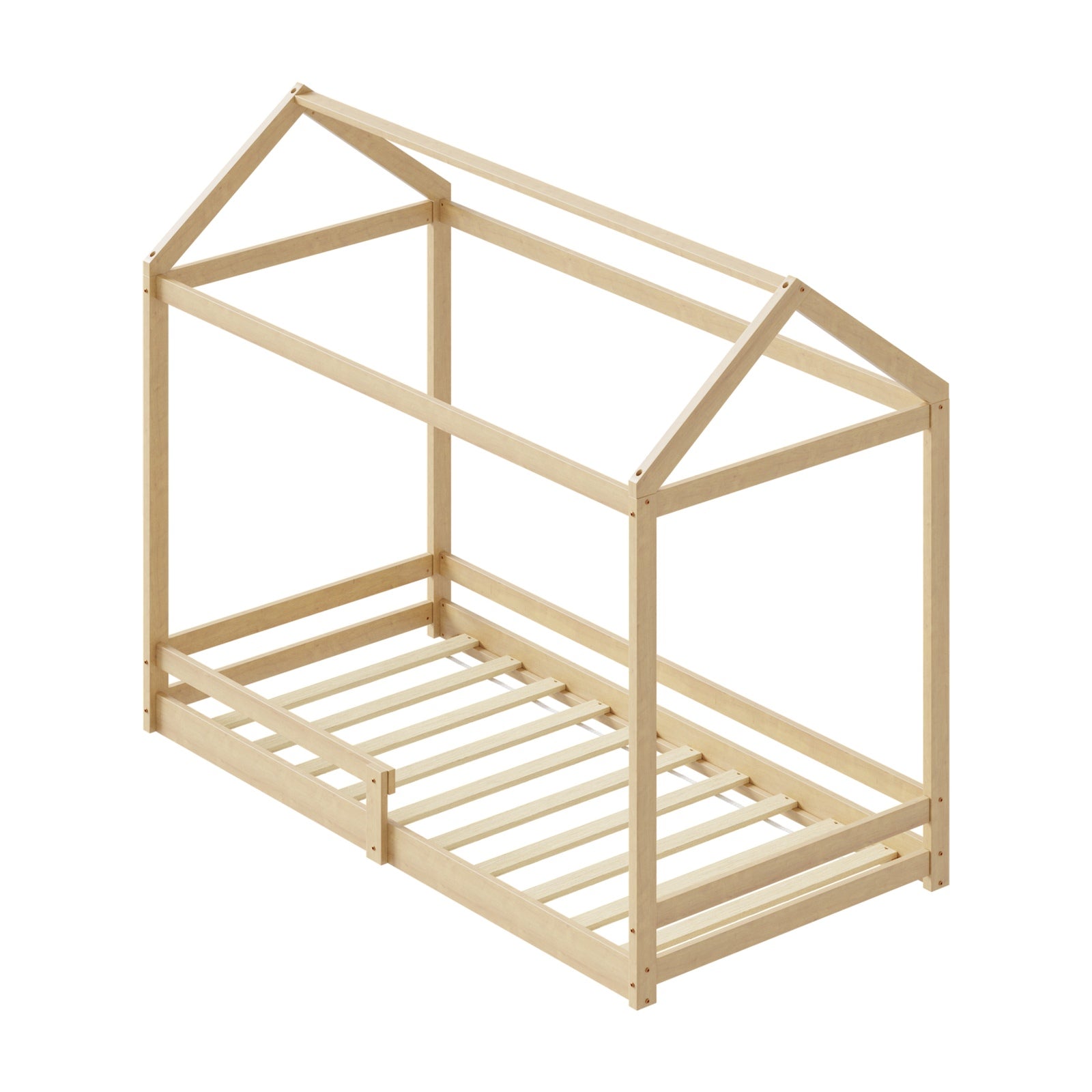 Oikiture Kids Wooden Bed Frame House Beds Base Timber with Fence Single Natural - Sunyee