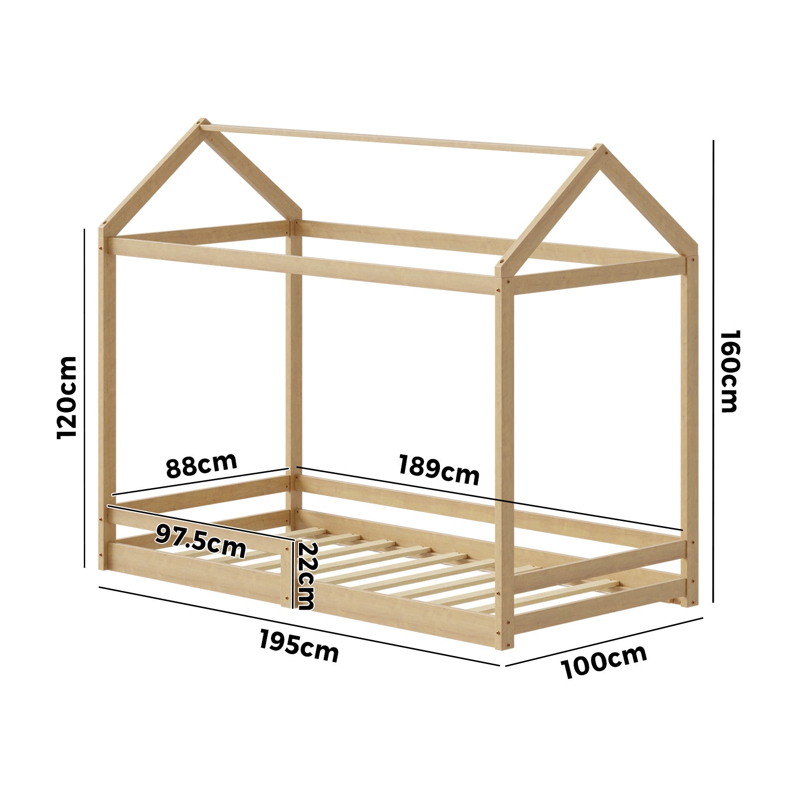 Oikiture Kids Wooden Bed Frame House Beds Base Timber with Fence Single Natural - Sunyee