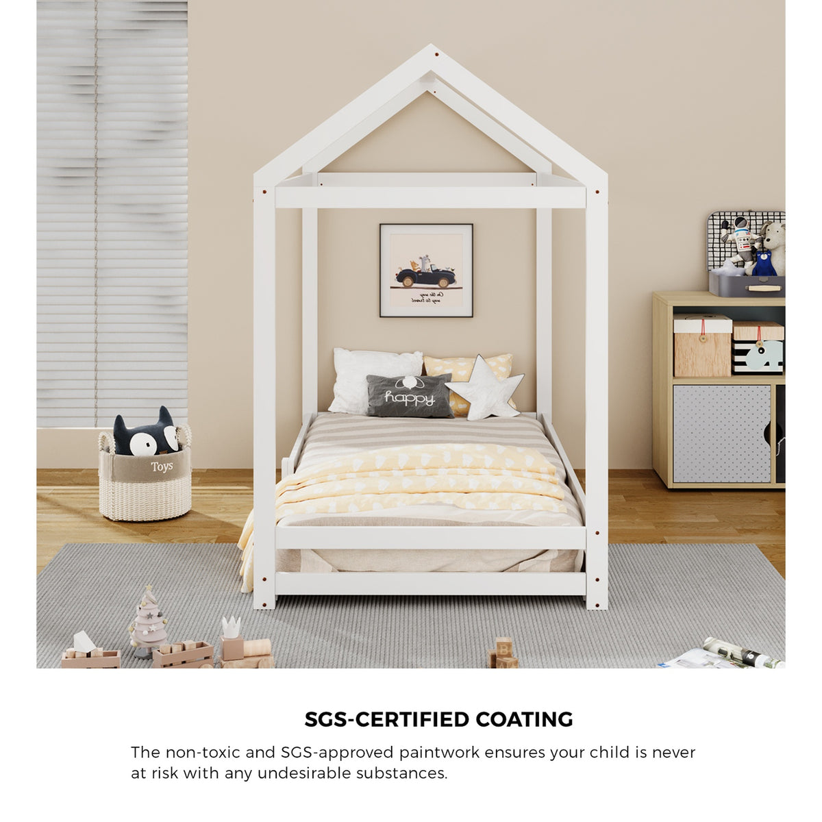 Oikiture Kids Wooden Bed Frame House Beds Base Timber with Fence Single White - Sunyee