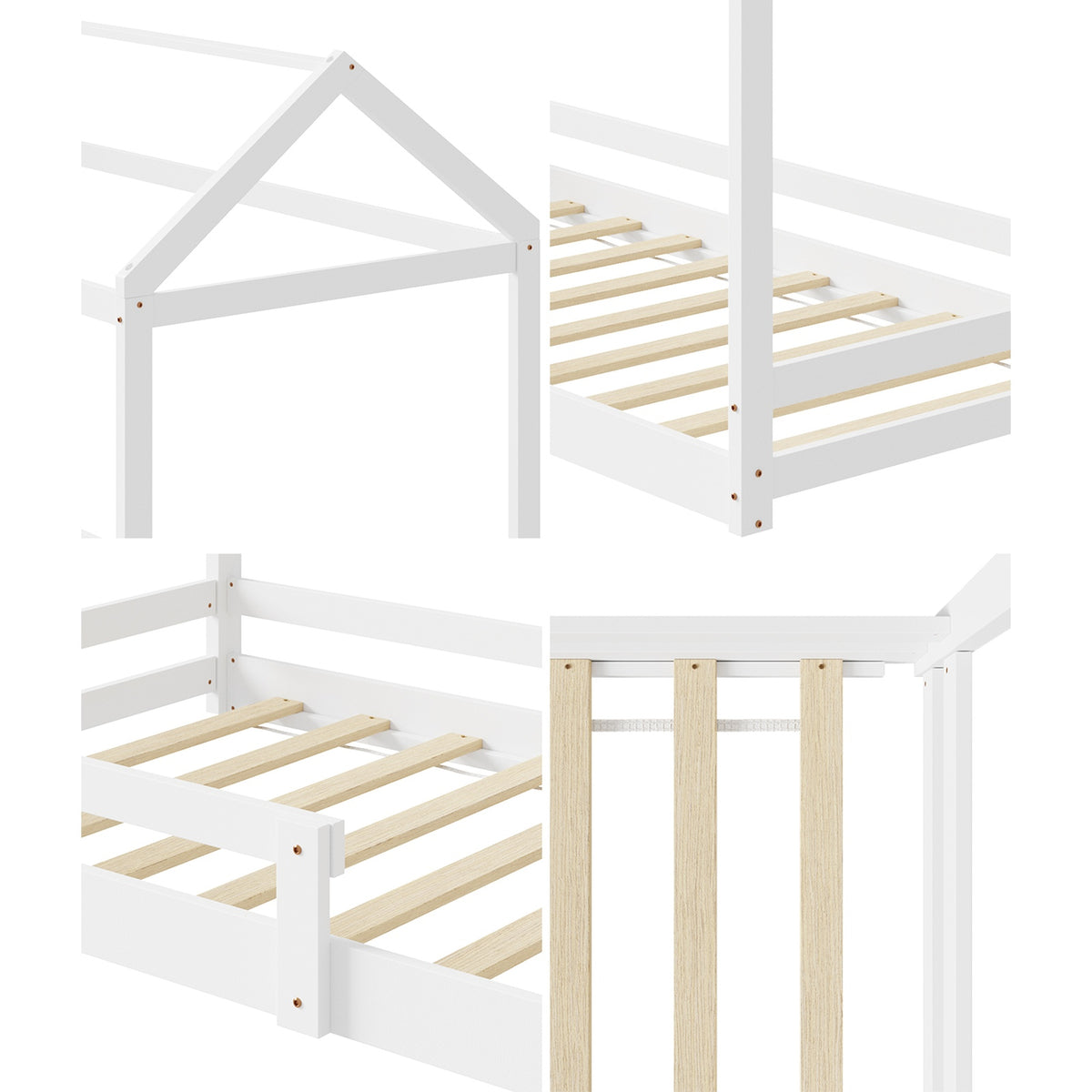 Oikiture Kids Wooden Bed Frame House Beds Base Timber with Fence Single White - Sunyee