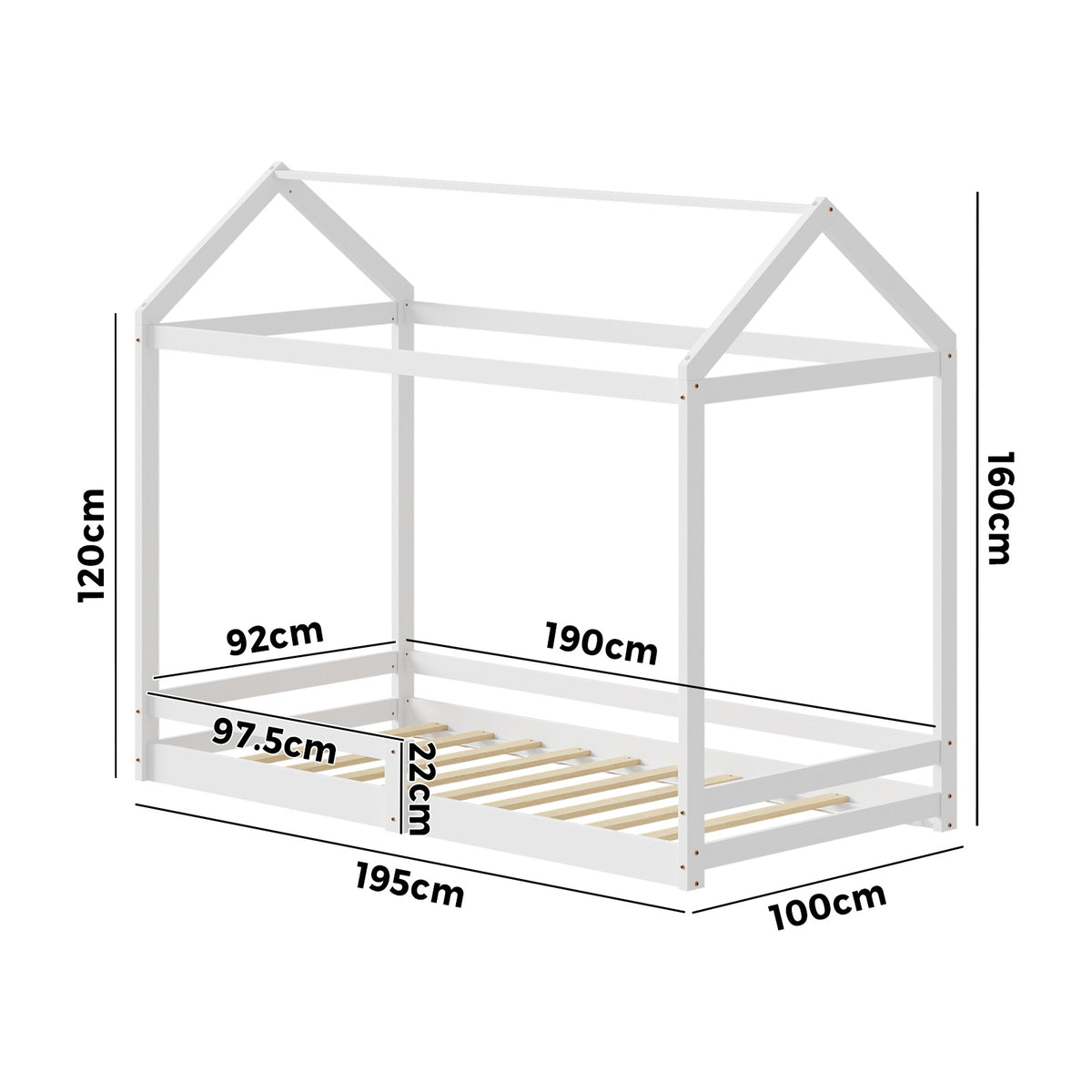 Oikiture Kids Wooden Bed Frame House Beds Base Timber with Fence Single White - Sunyee