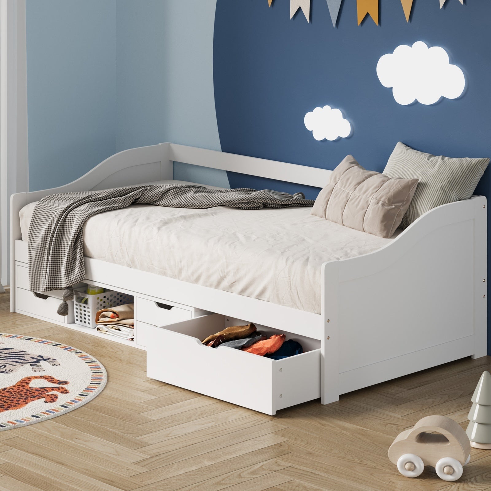 Oikiture Kids Bed Frame Single Daybed with Trundle Storage Drawers Timber White - Sunyee