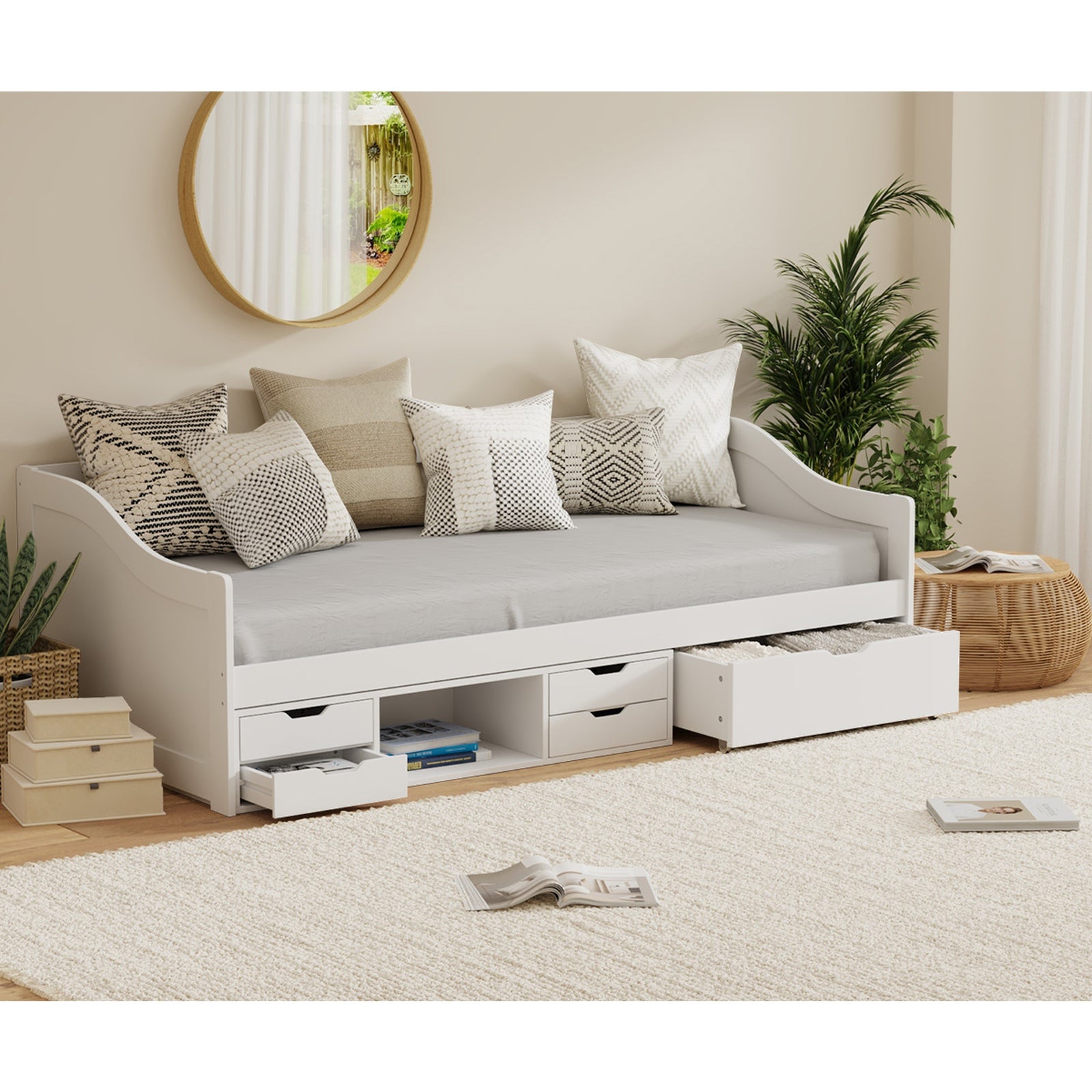 Oikiture Kids Bed Frame Single Daybed with Trundle Storage Drawers Timber White - Sunyee