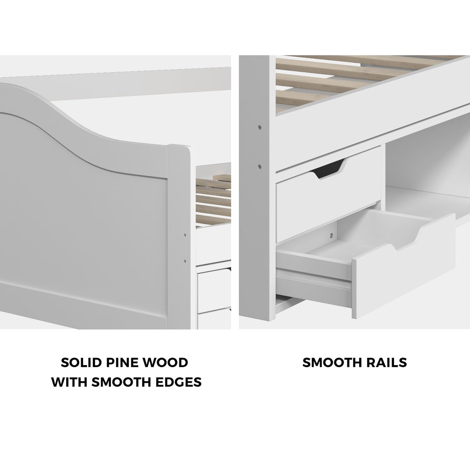Oikiture Kids Bed Frame Single Daybed with Trundle Storage Drawers Timber White - Sunyee