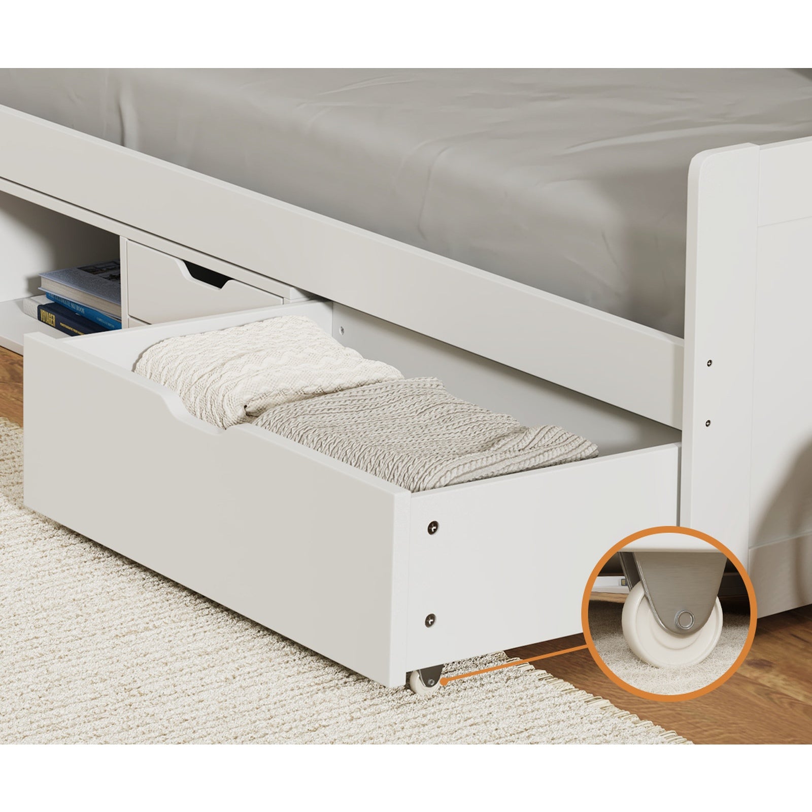 Oikiture Kids Bed Frame Single Daybed with Trundle Storage Drawers Timber White - Sunyee