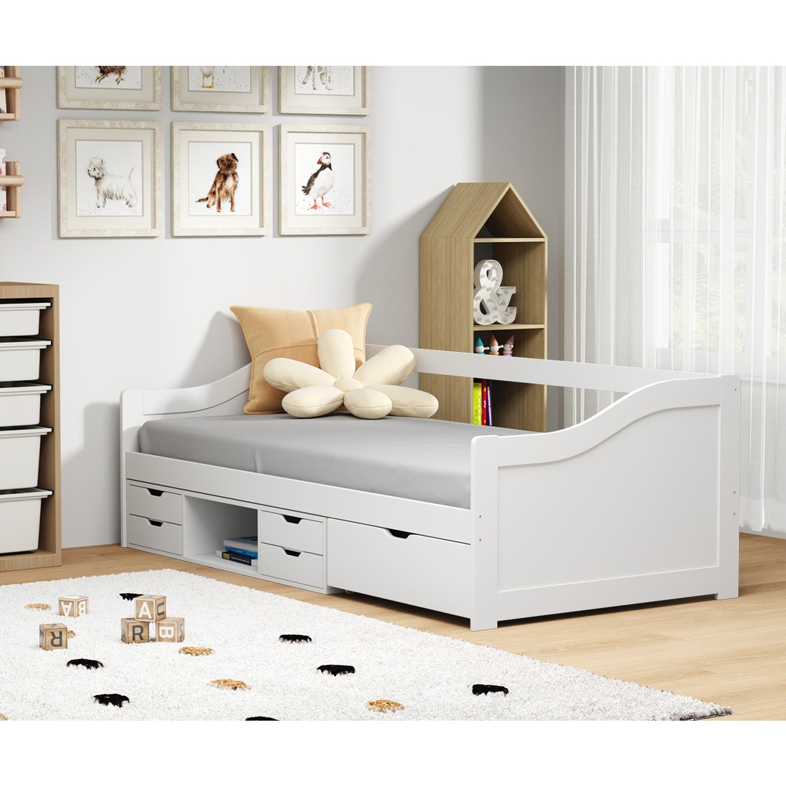 Oikiture Kids Bed Frame Single Daybed with Trundle Storage Drawers Timber White - Sunyee