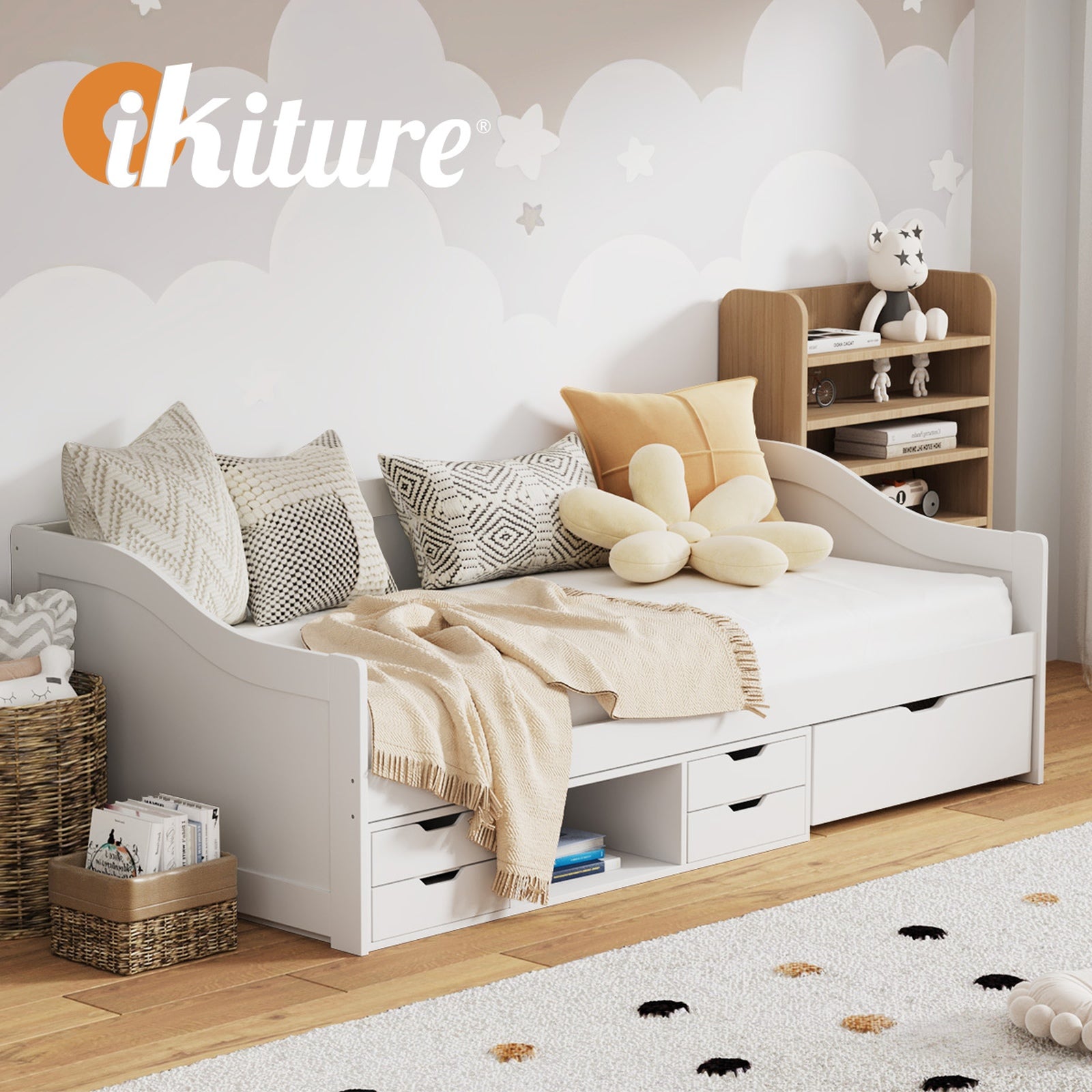 Oikiture Kids Bed Frame Single Daybed with Trundle Storage Drawers Timber White - Sunyee