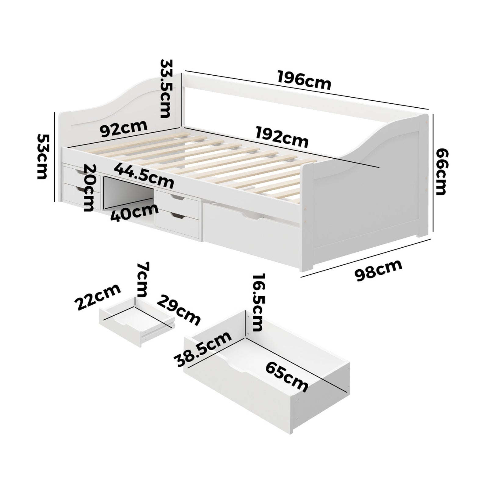 Oikiture Kids Bed Frame Single Daybed with Trundle Storage Drawers Timber White - Sunyee