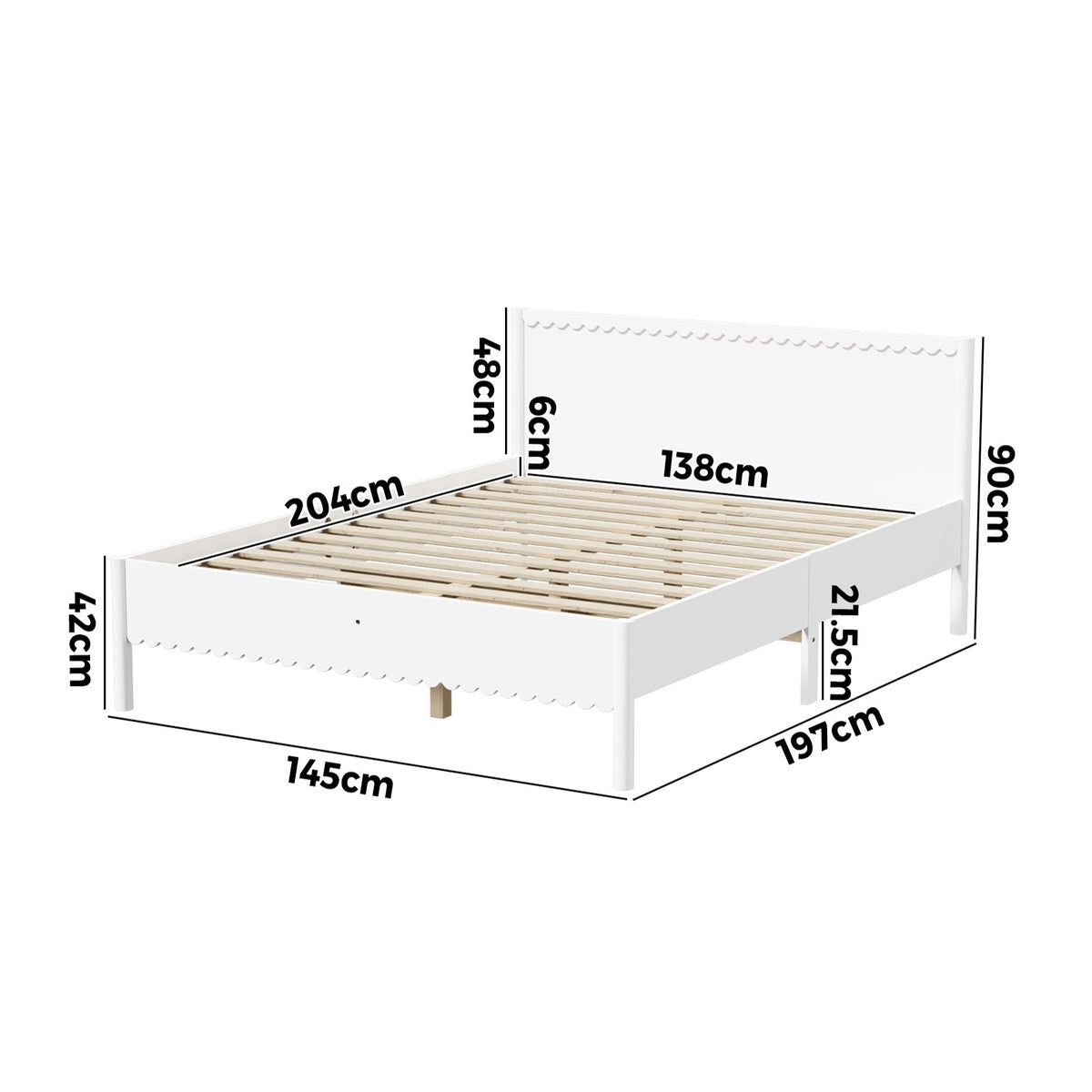 Oikiture Scalloped Bed Wooden Bed Frame Solid Pine Timber Double White