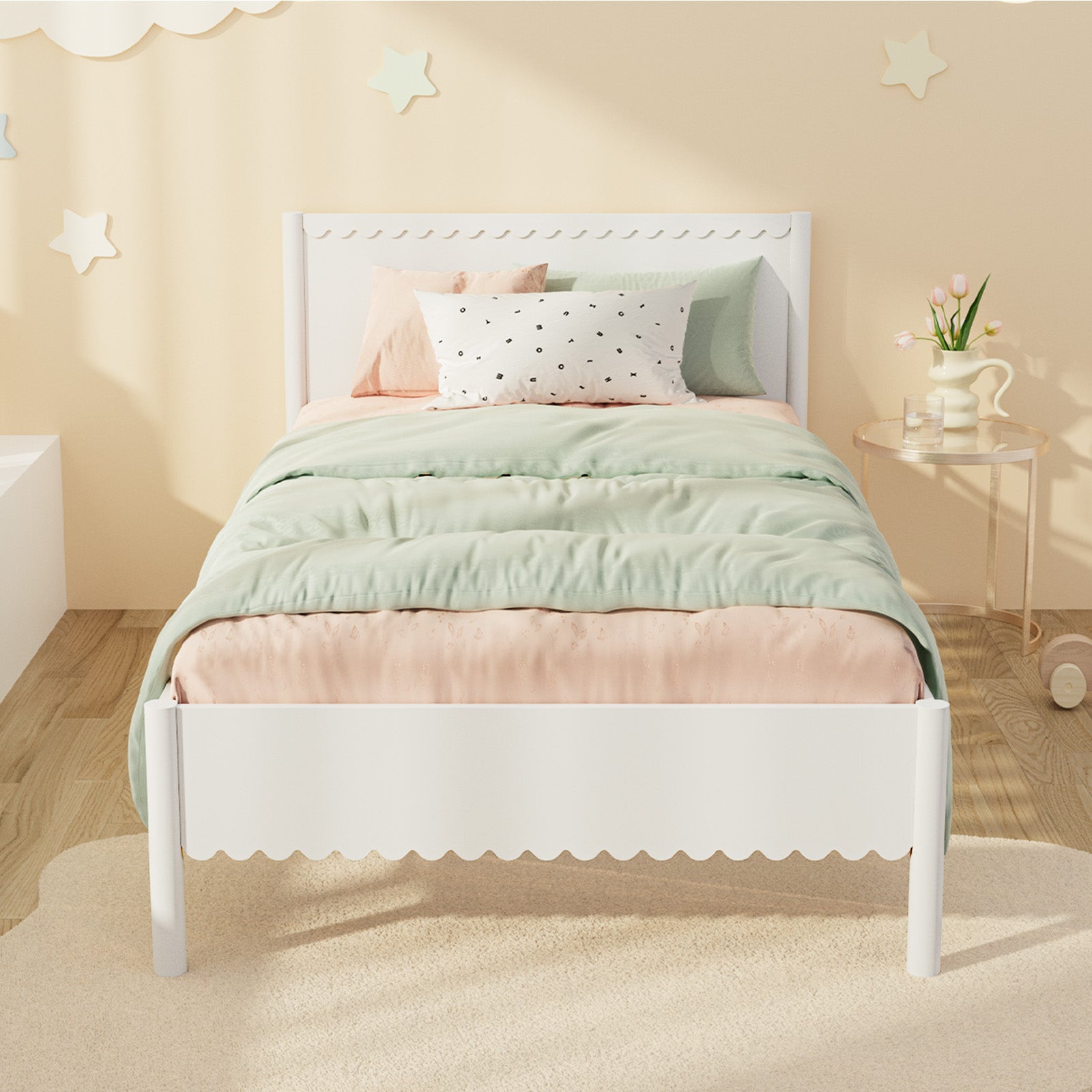 Oikiture Wooden Kids Bed Frame Scalloped Bed Solid Pine Timber King Single White - Sunyee