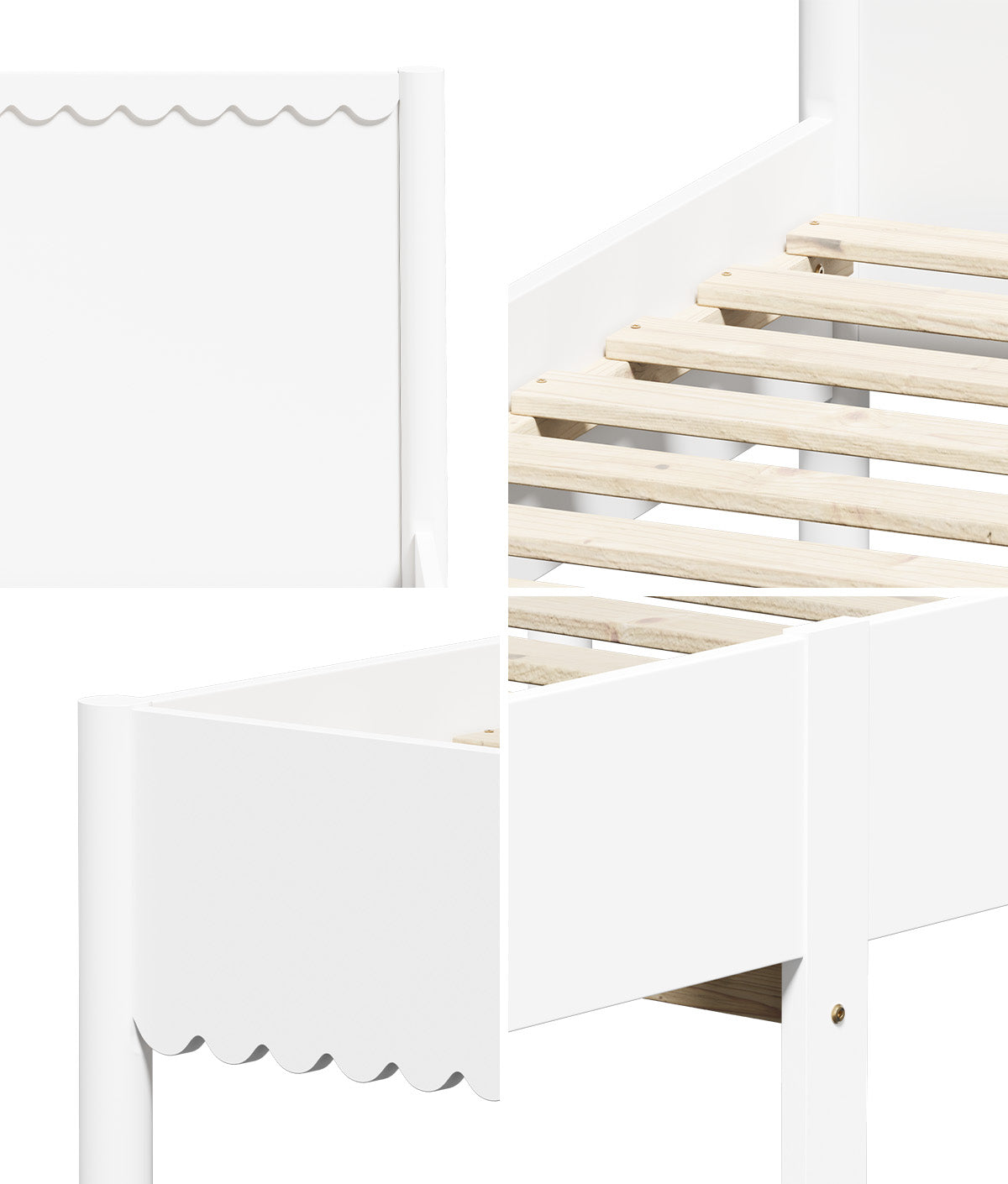 Oikiture Scalloped Bed Wooden Kids Bed Frame Solid Pine Timber King Single White - Sunyee