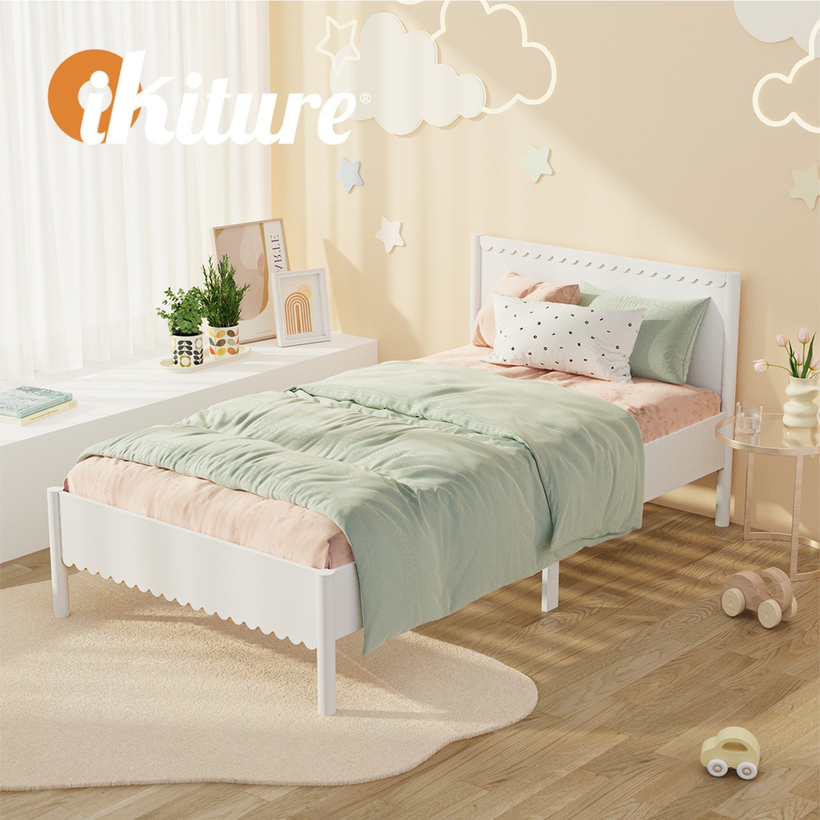 Oikiture Scalloped Bed Wooden Kids Bed Frame Solid Pine Timber King Single White - Sunyee