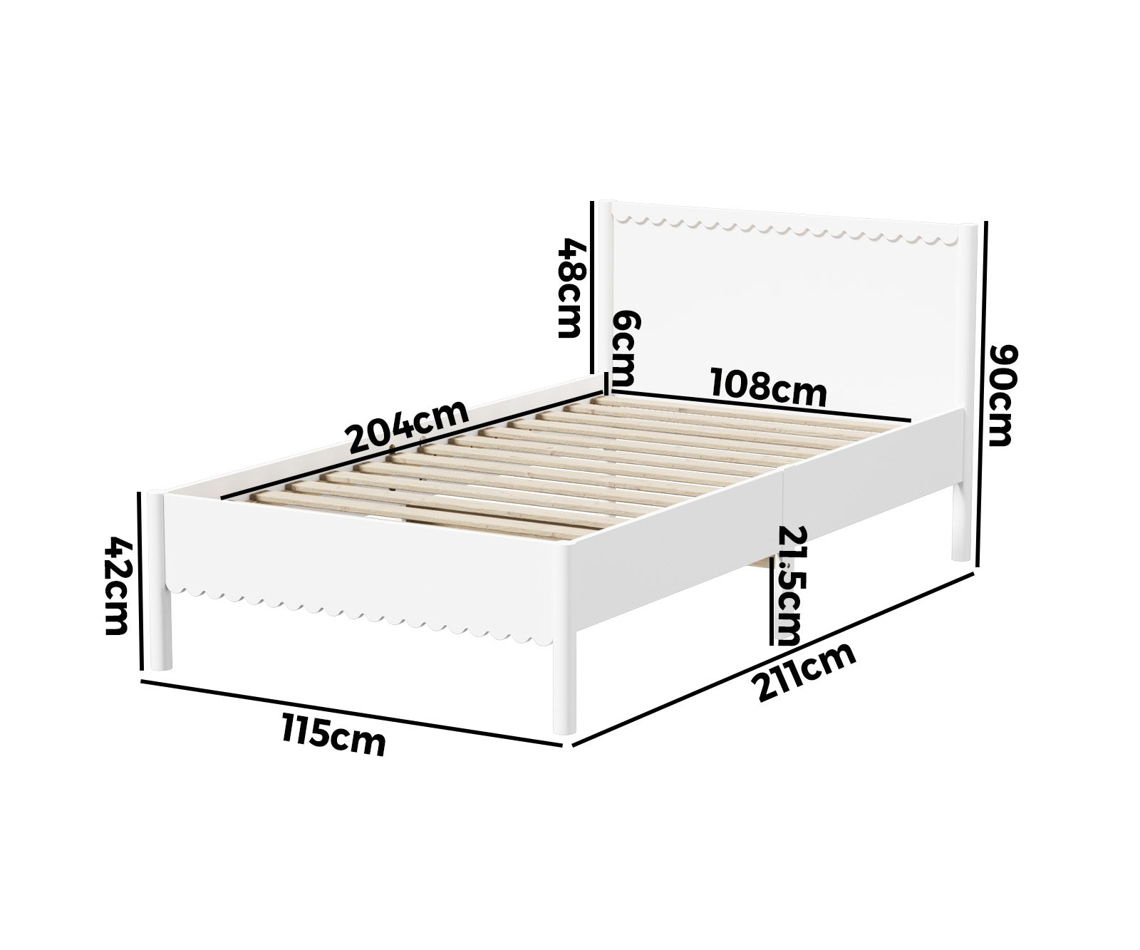 Oikiture Scalloped Bed Wooden Kids Bed Frame Solid Pine Timber King Single White - Sunyee