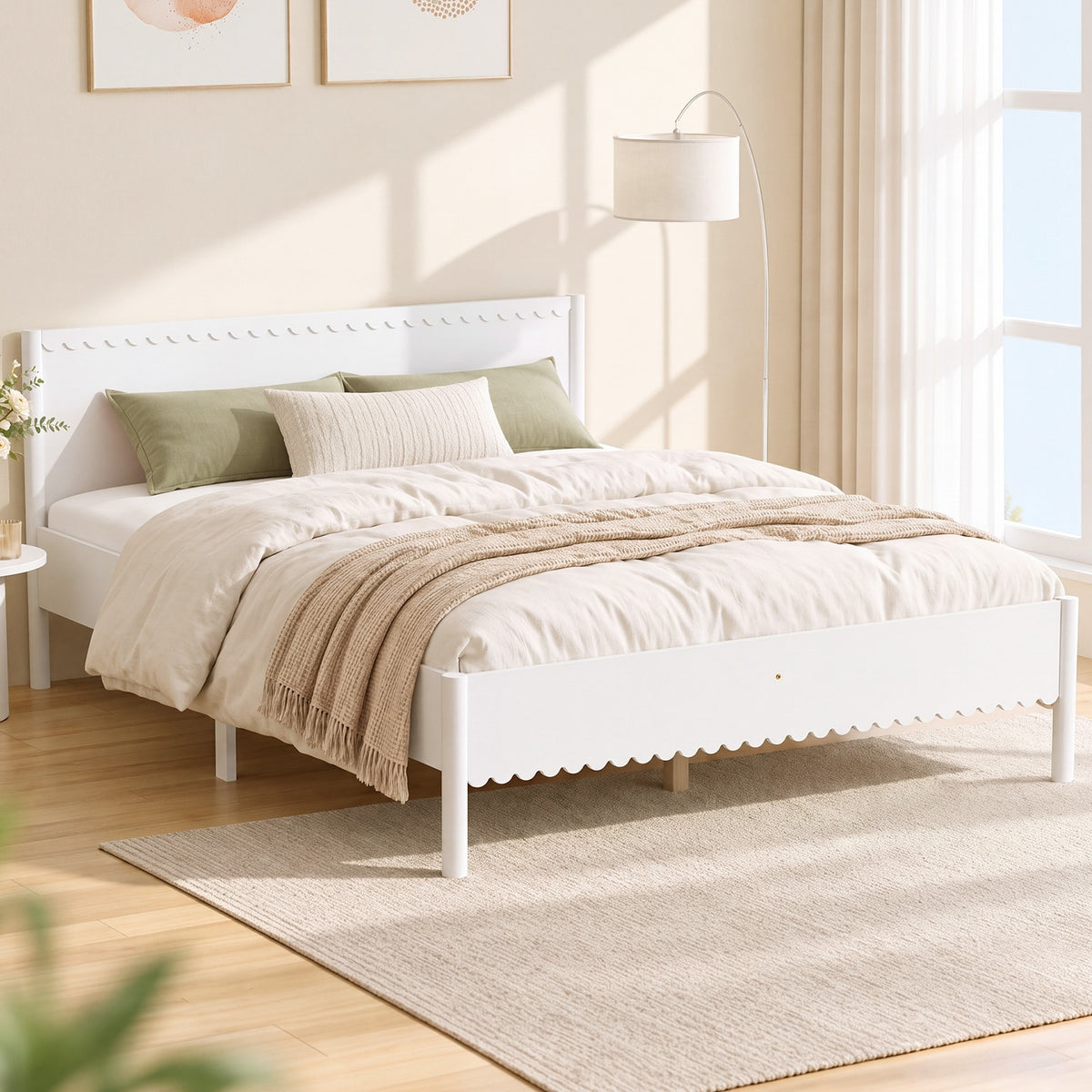 Oikiture Scalloped Bed Wooden Bed Frame Solid Pine Timber Queen White