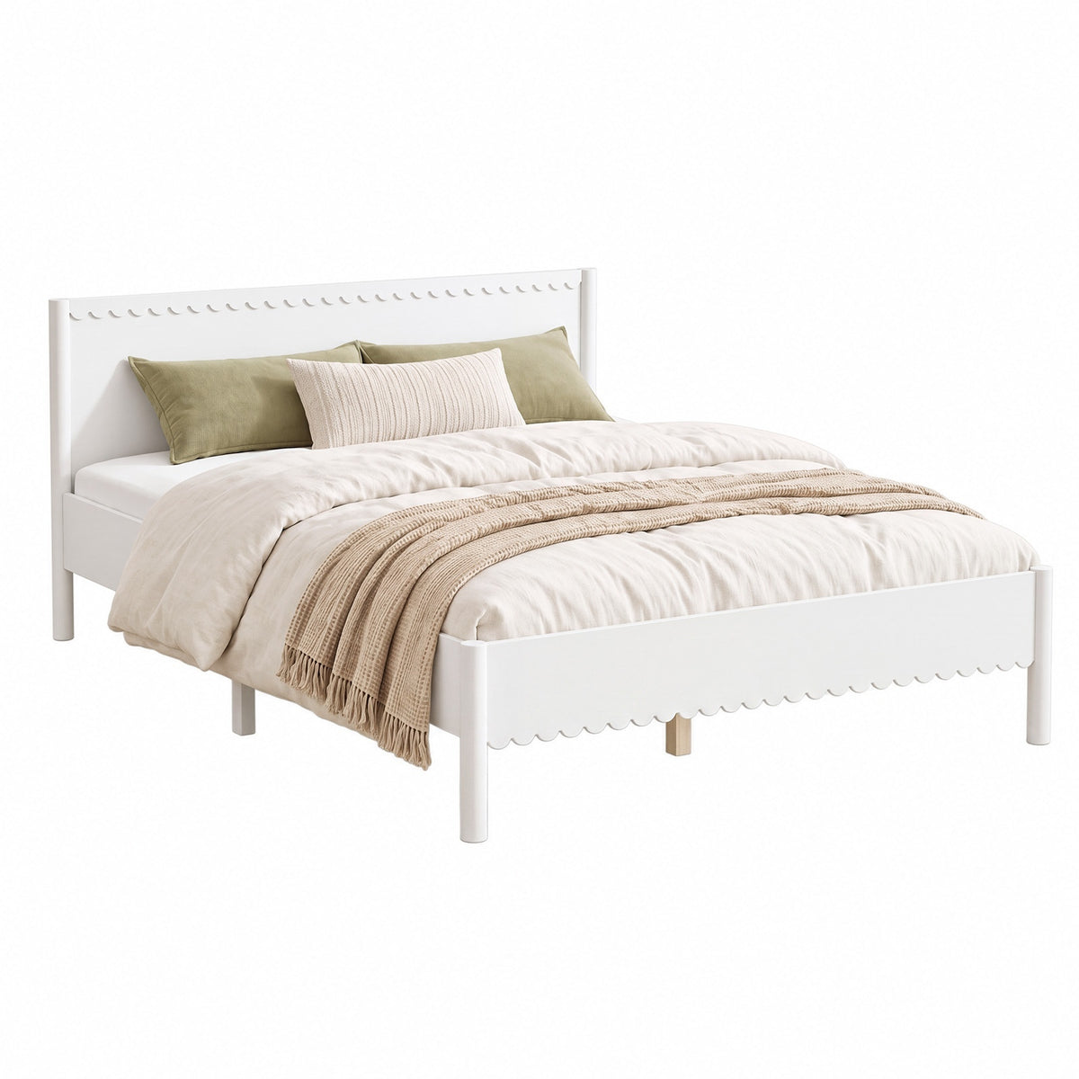 Oikiture Scalloped Bed Wooden Bed Frame Solid Pine Timber Queen White