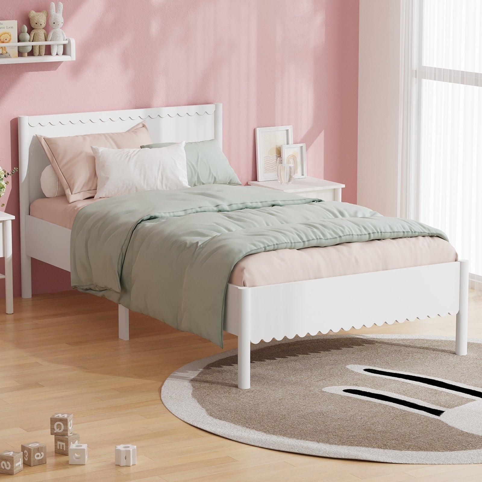 Oikiture Wooden Kids Bed Frame Scalloped Bed Solid Pine Timber King Single White - Sunyee