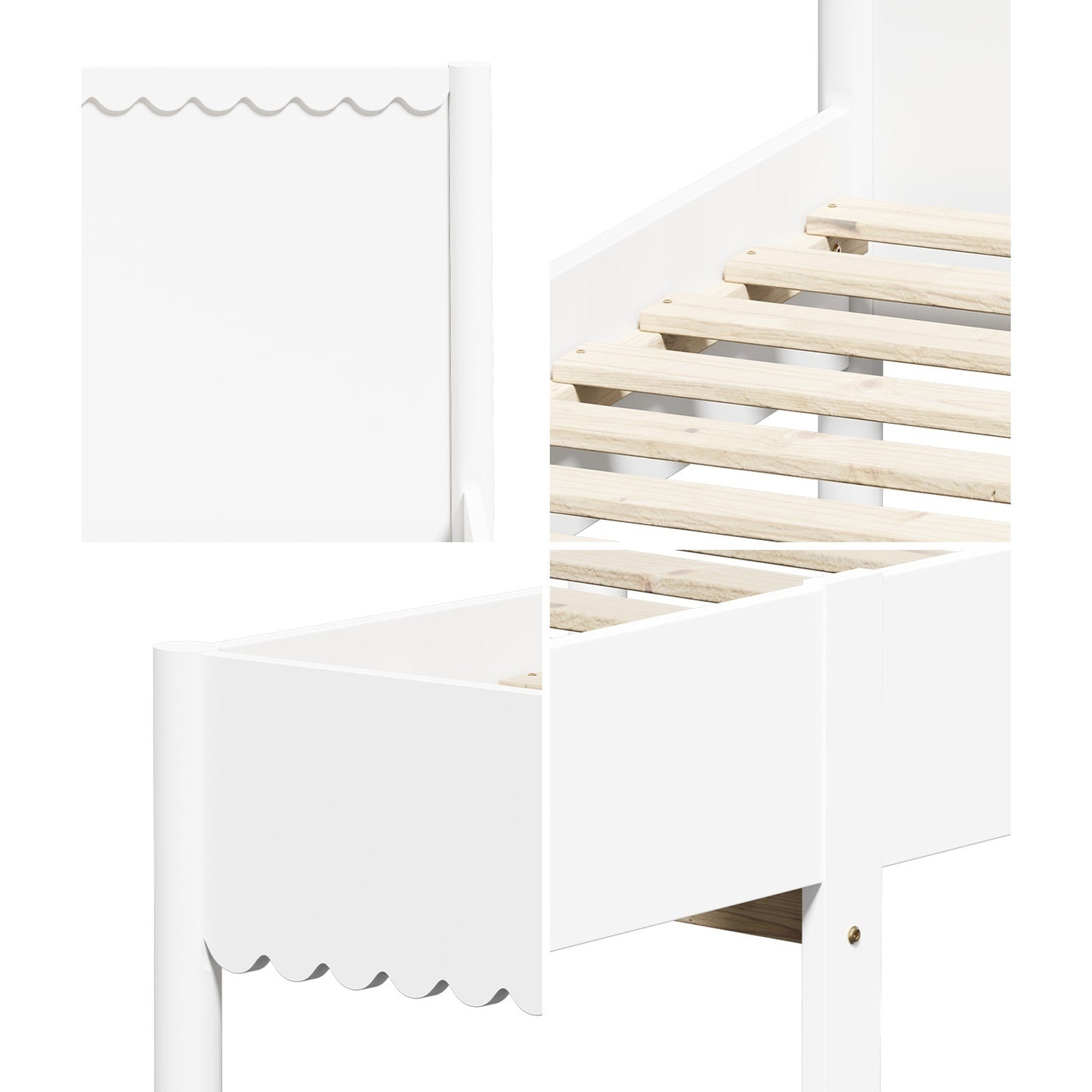 Oikiture Scalloped Bed Wooden Kids Bed Frame Solid Pine Wood Timber Single White - Sunyee