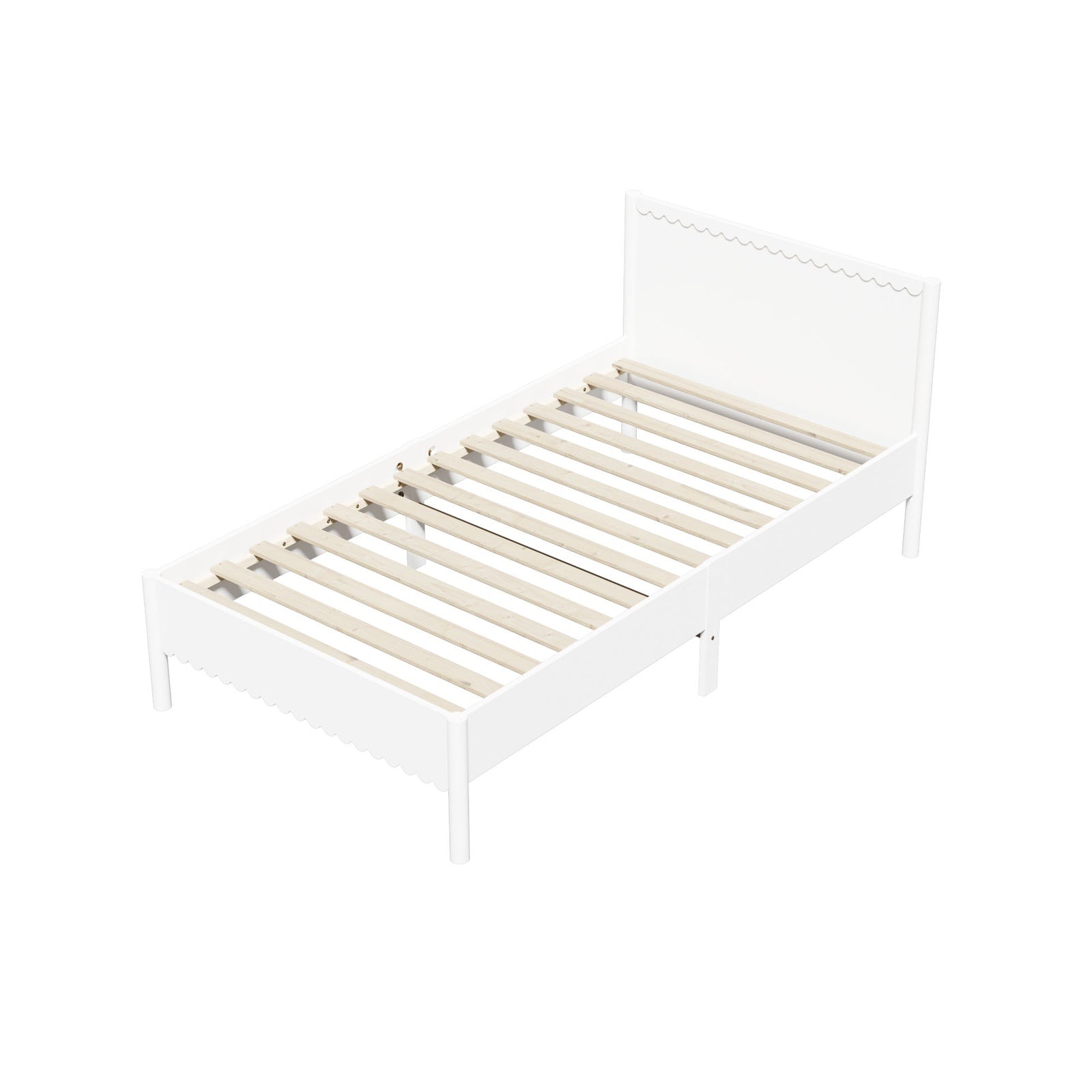 Oikiture Scalloped Bed Wooden Kids Bed Frame Solid Pine Wood Timber Single White - Sunyee