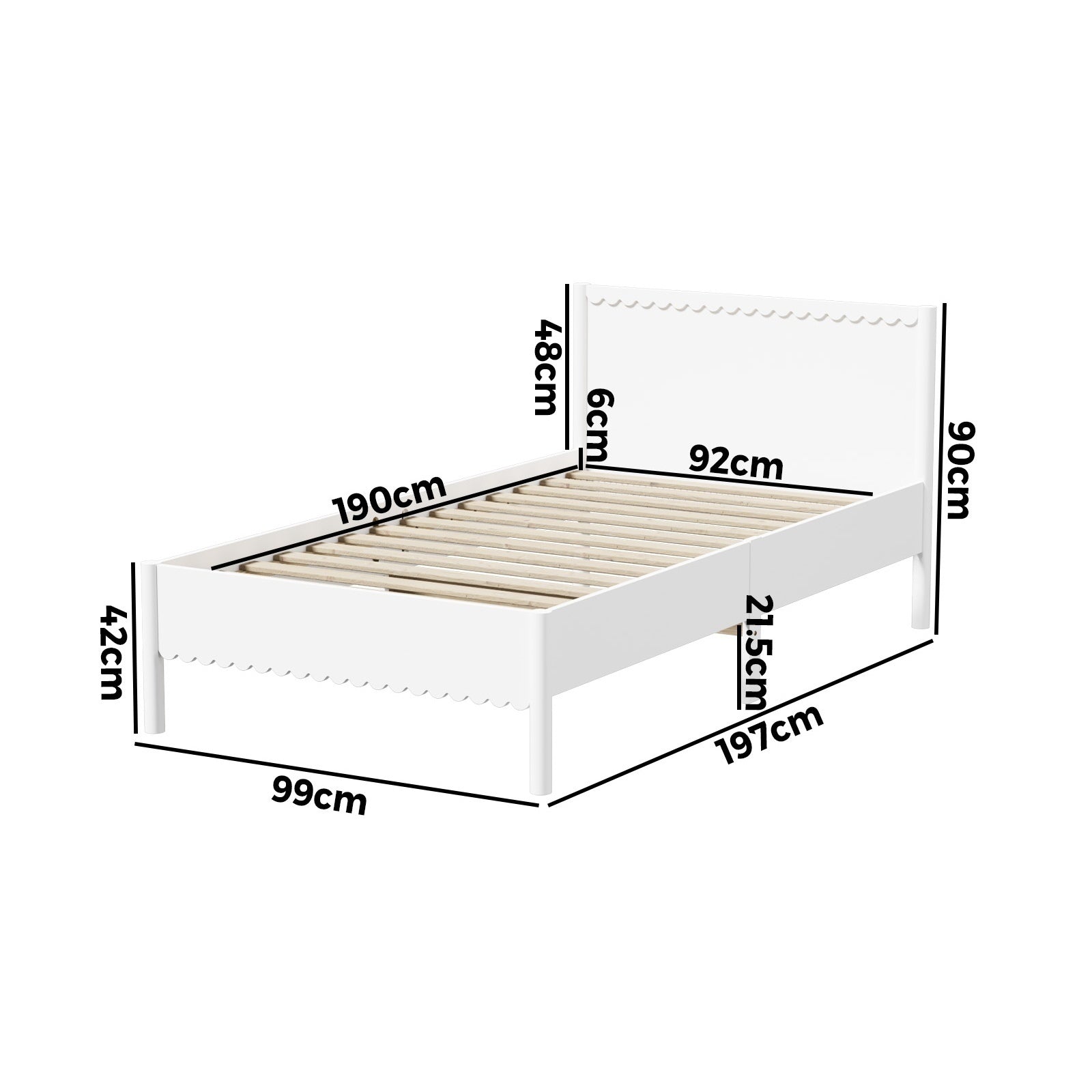 Oikiture Scalloped Bed Wooden Kids Bed Frame Solid Pine Wood Timber Single White - Sunyee