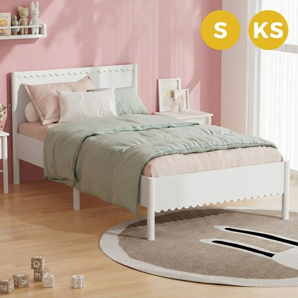 Oikiture Wooden Kids Bed Frame Scalloped Bed Solid Pine Timber King Single White - Sunyee