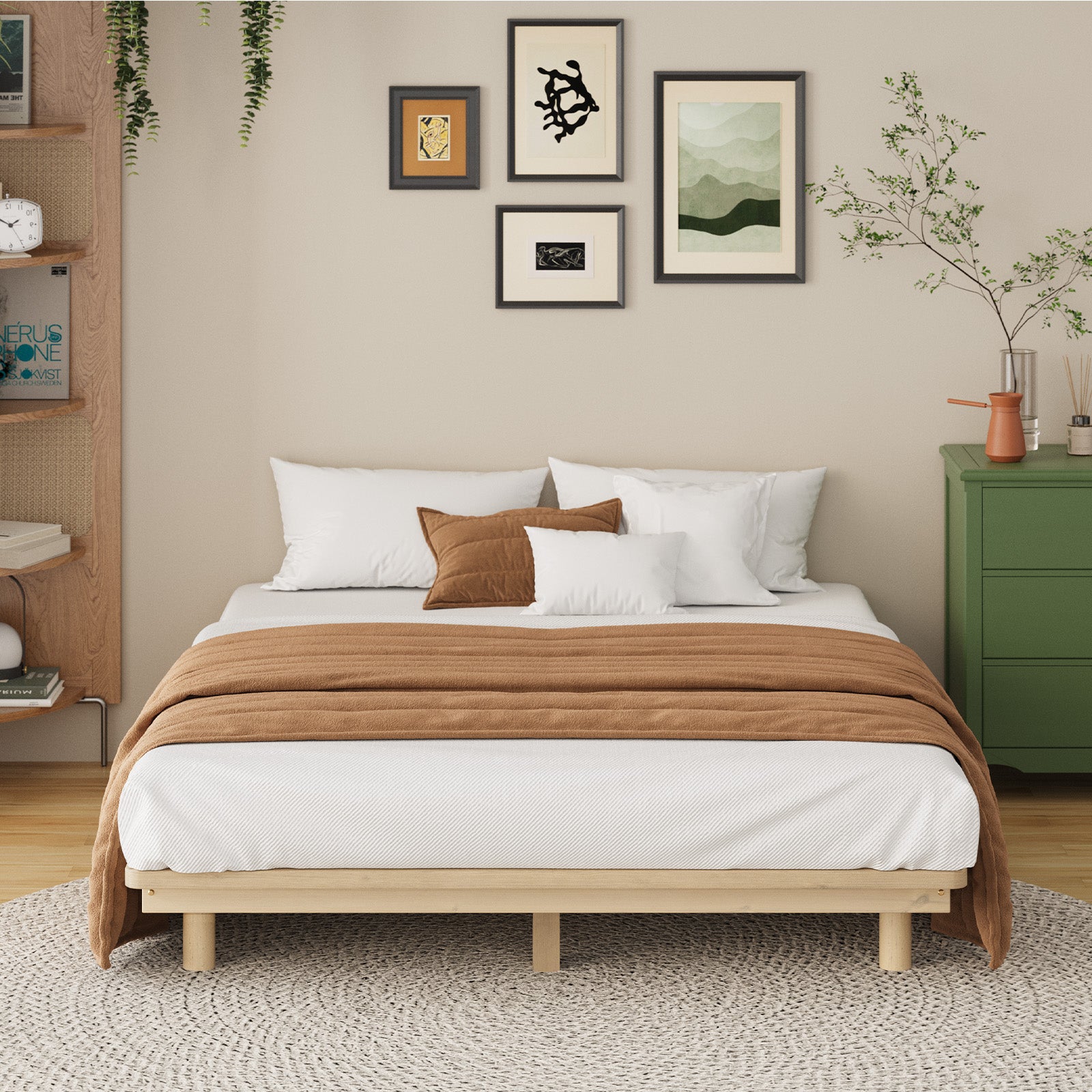 Oikiture Bed Frame Double Size Wooden Bed Base Timber Floating Beds - Sunyee