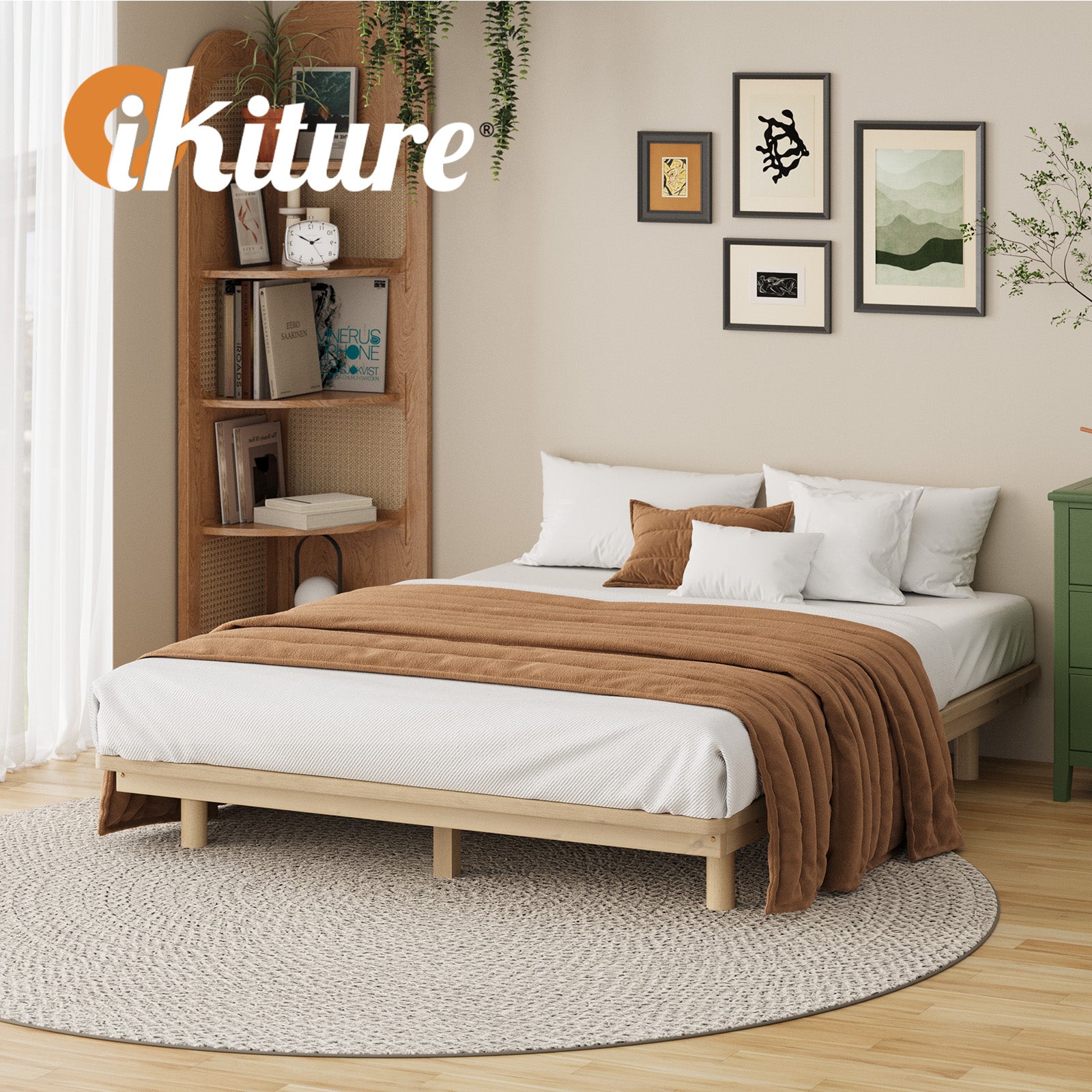 Oikiture Bed Frame Double Size Wooden Bed Base Timber Floating Beds - Sunyee