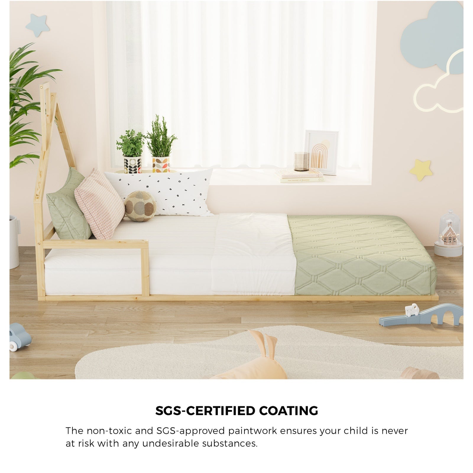 Oikiture Wooden Kids Bed Frame Floor Beds Chimney Platform King Single Natural