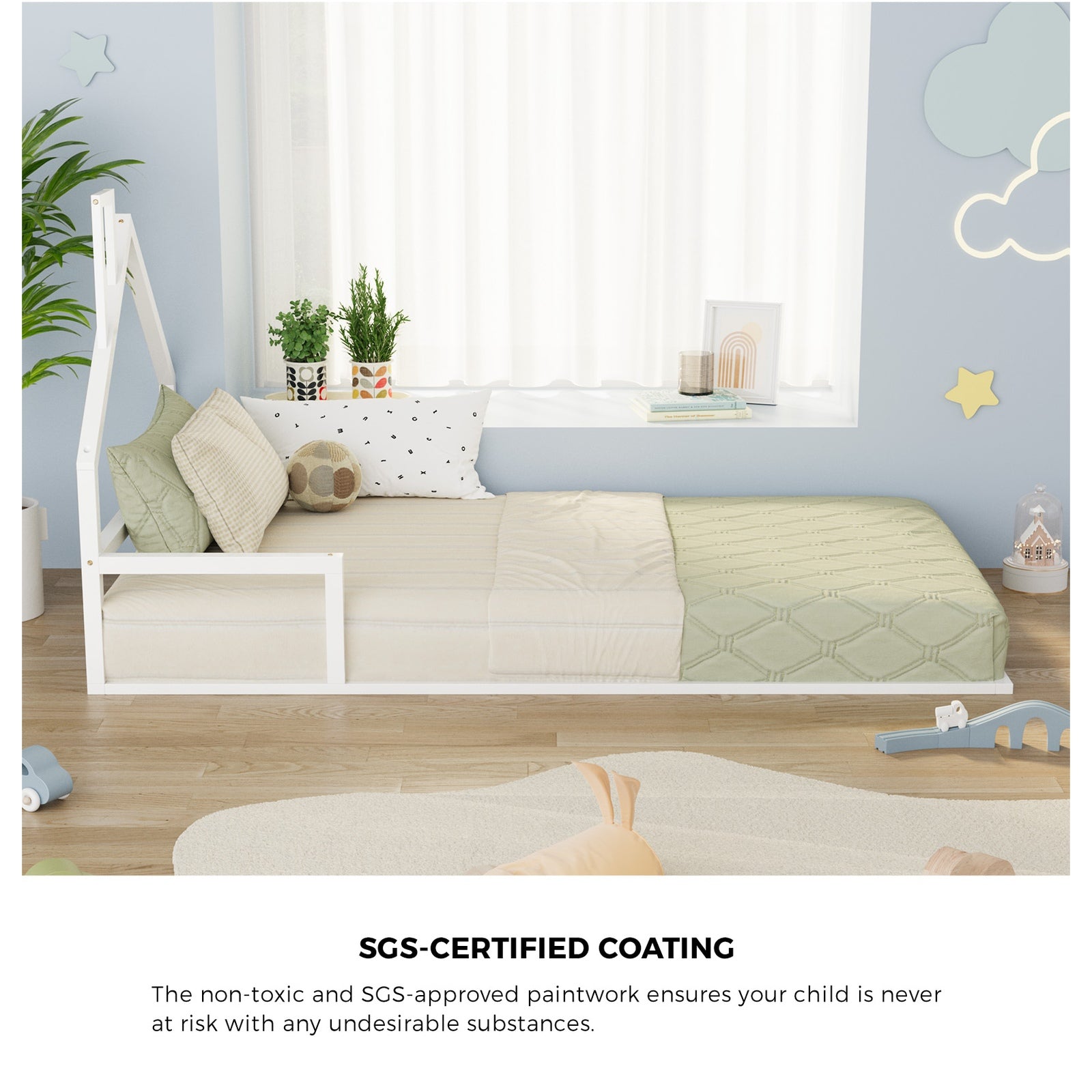 Oikiture Wooden Kids Bed Frame Floor Beds Chimney Platform King Single White - Sunyee