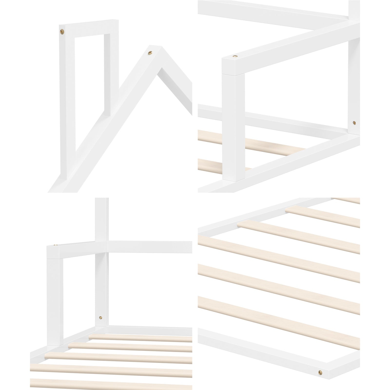 Oikiture Wooden Kids Bed Frame Floor Beds Chimney Platform King Single White - Sunyee