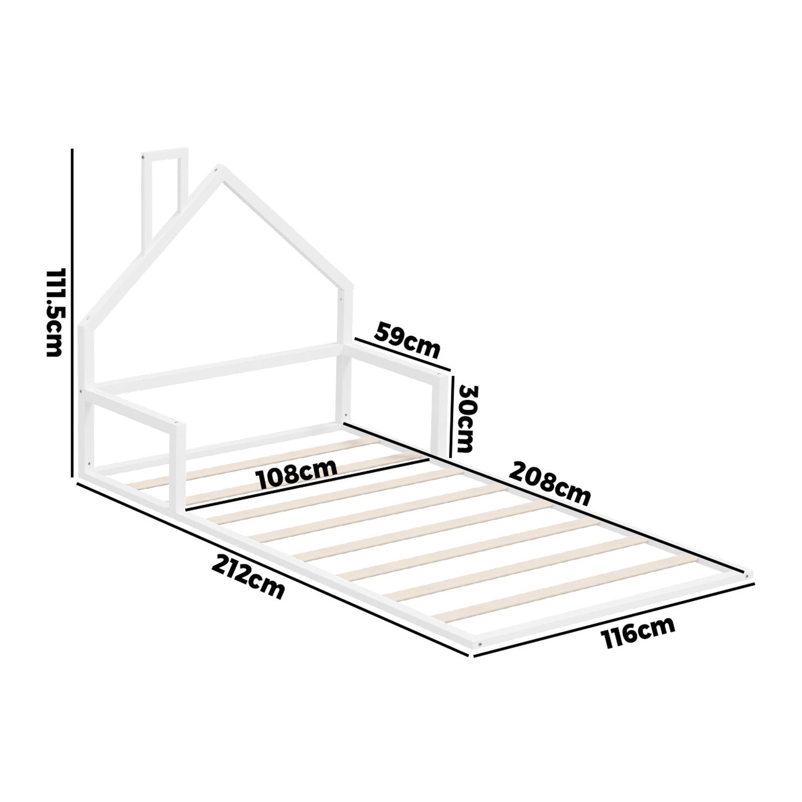 Oikiture Wooden Kids Bed Frame Floor Beds Chimney Platform King Single White - Sunyee