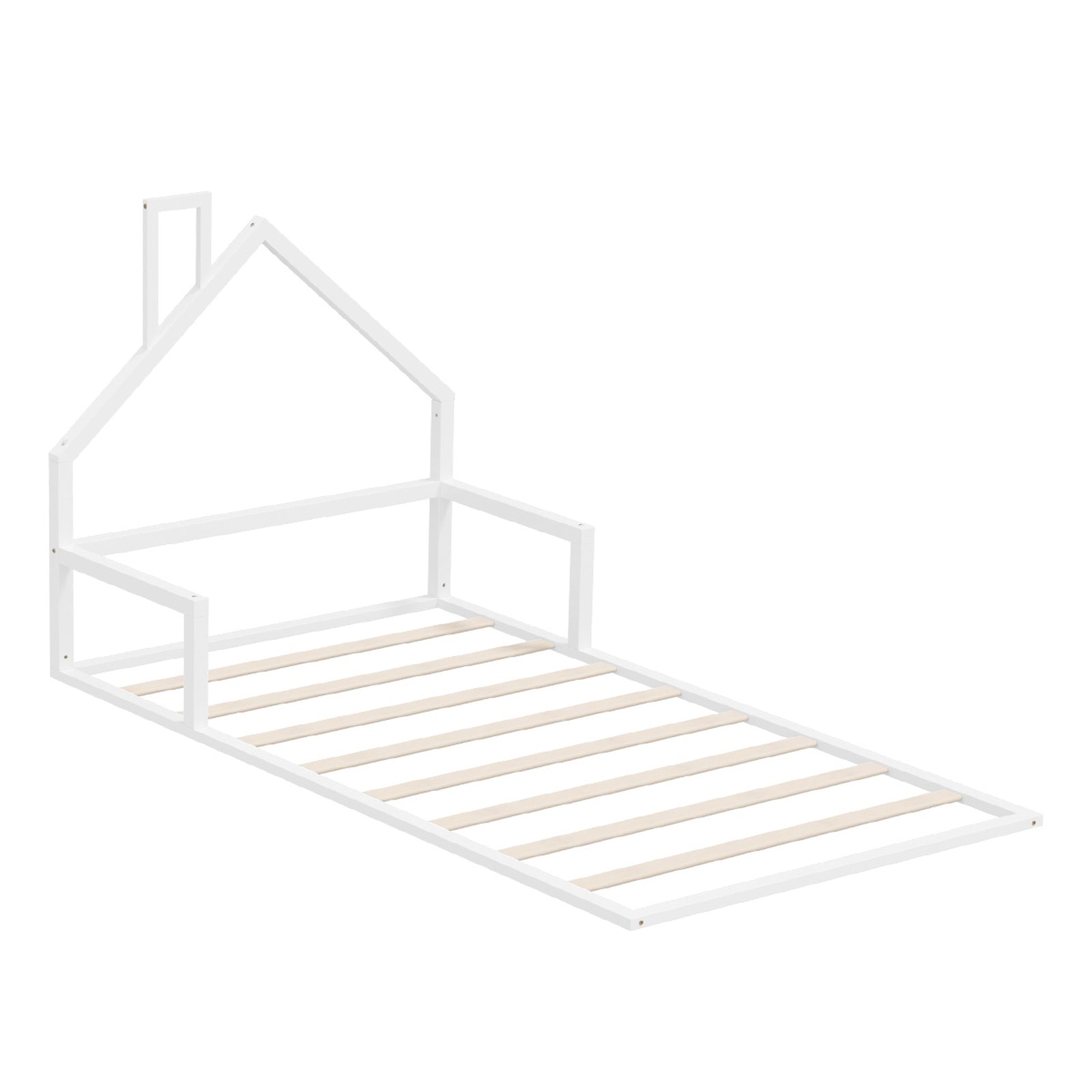 Oikiture Wooden Kids Bed Frame Floor Beds Chimney Platform King Single White - Sunyee