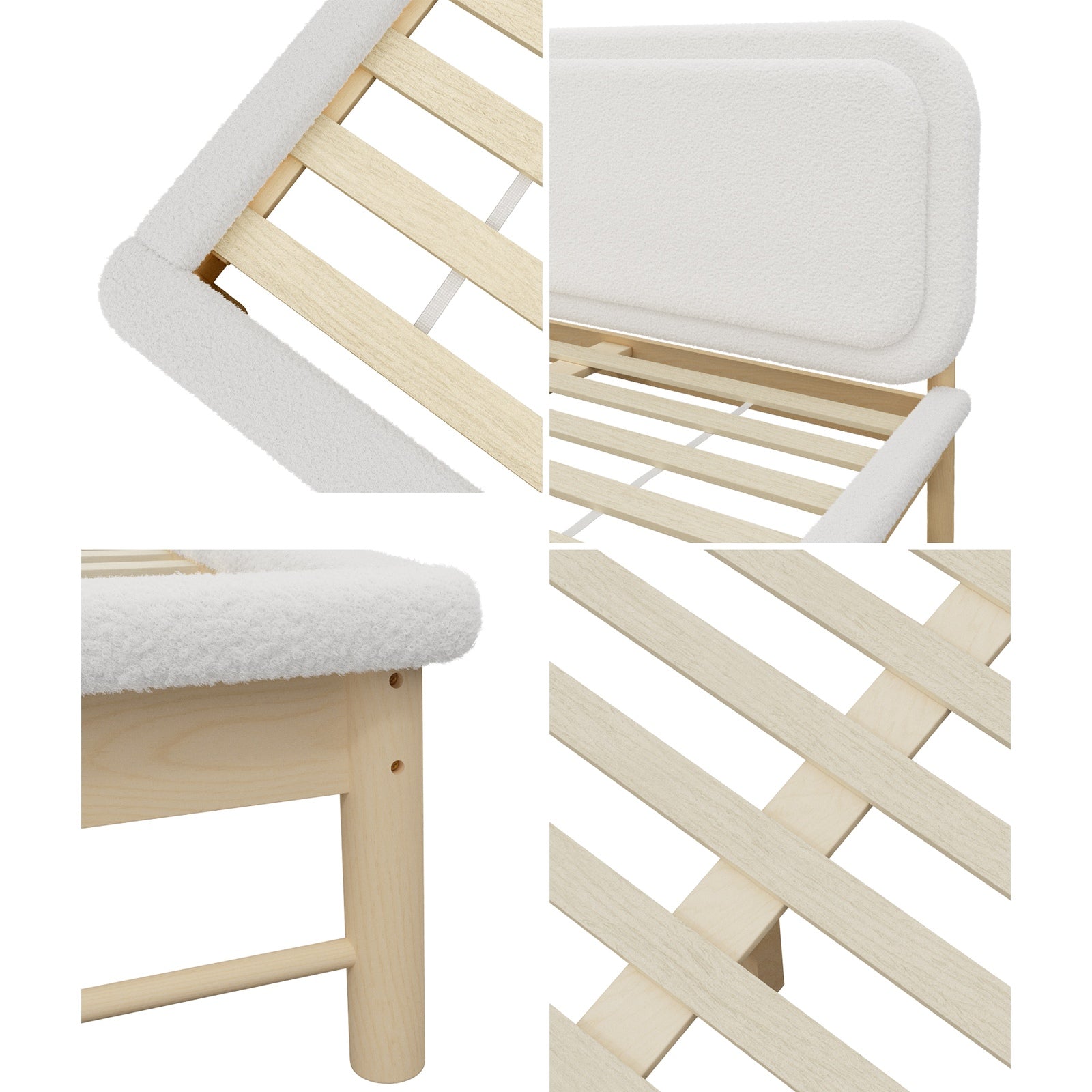 Oikiture Wooden Bed Frame with Boucle Upholstery Headboard Pine Base Queen - Sunyee