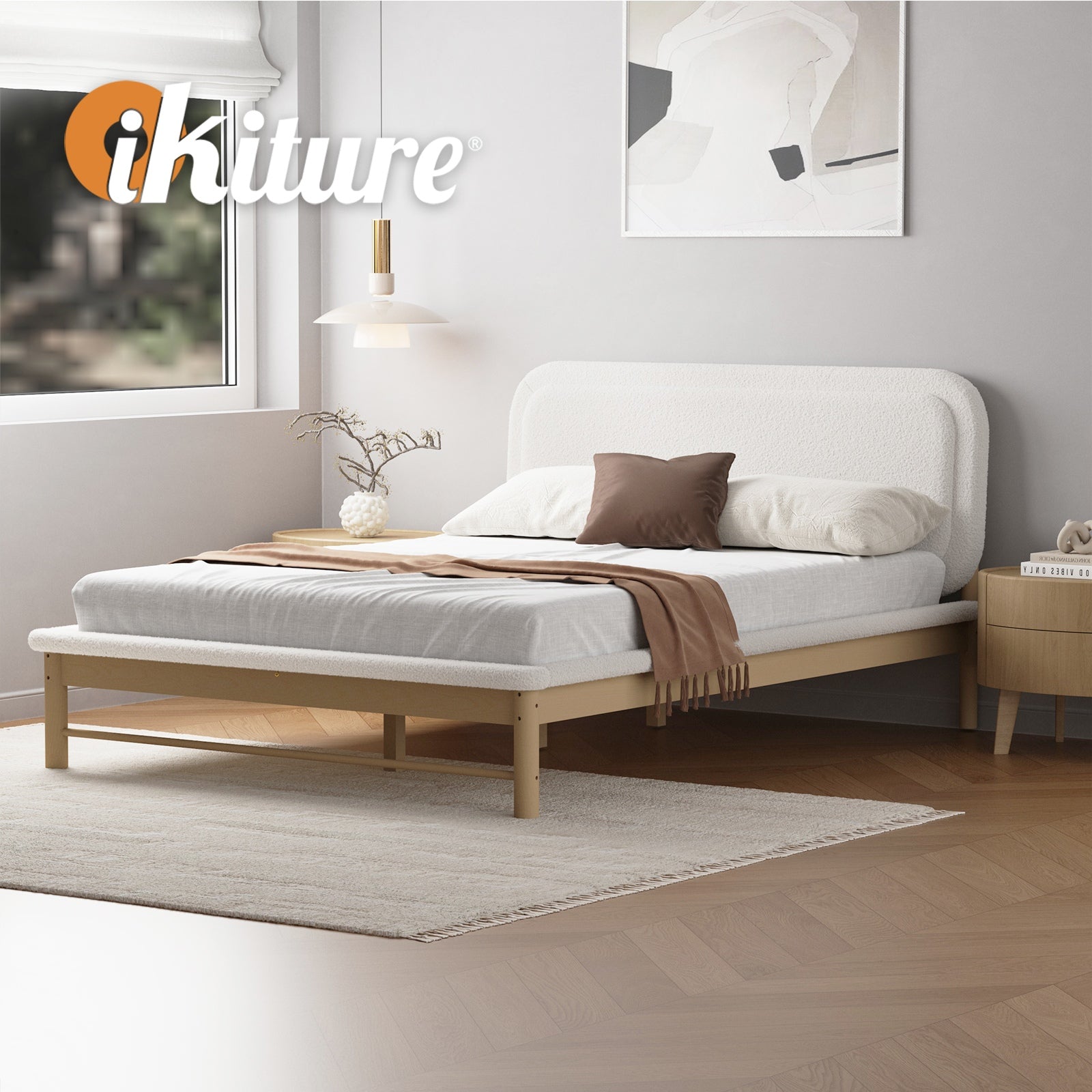 Oikiture Wooden Bed Frame with Boucle Upholstery Headboard Pine Base Queen - Sunyee