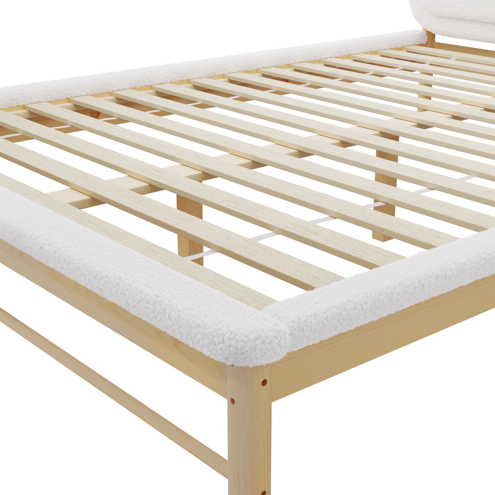 Oikiture Wooden Bed Frame with Boucle Upholstery Headboard Pine Base Queen - Sunyee