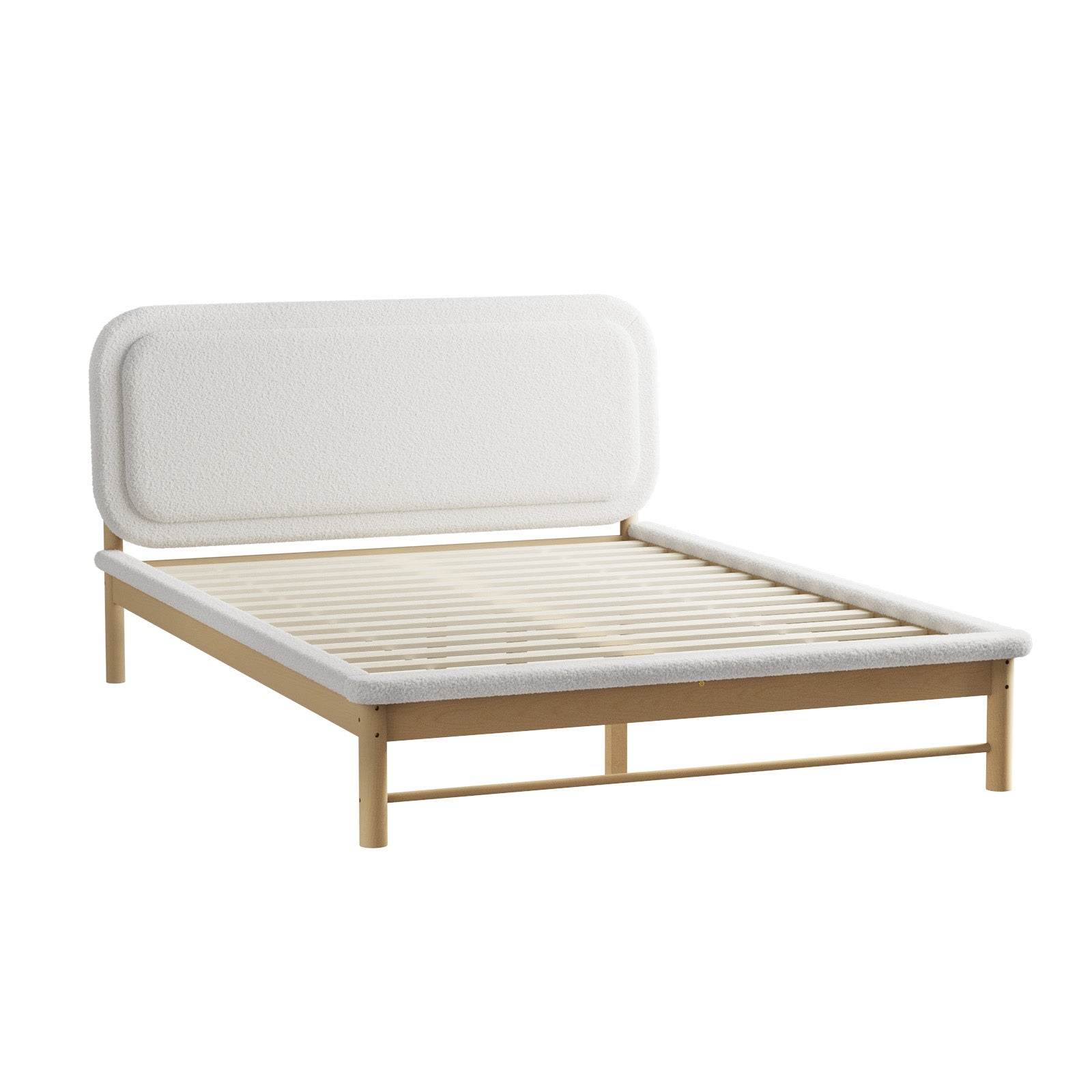 Oikiture Wooden Bed Frame with Boucle Upholstery Headboard Pine Base Queen - Sunyee