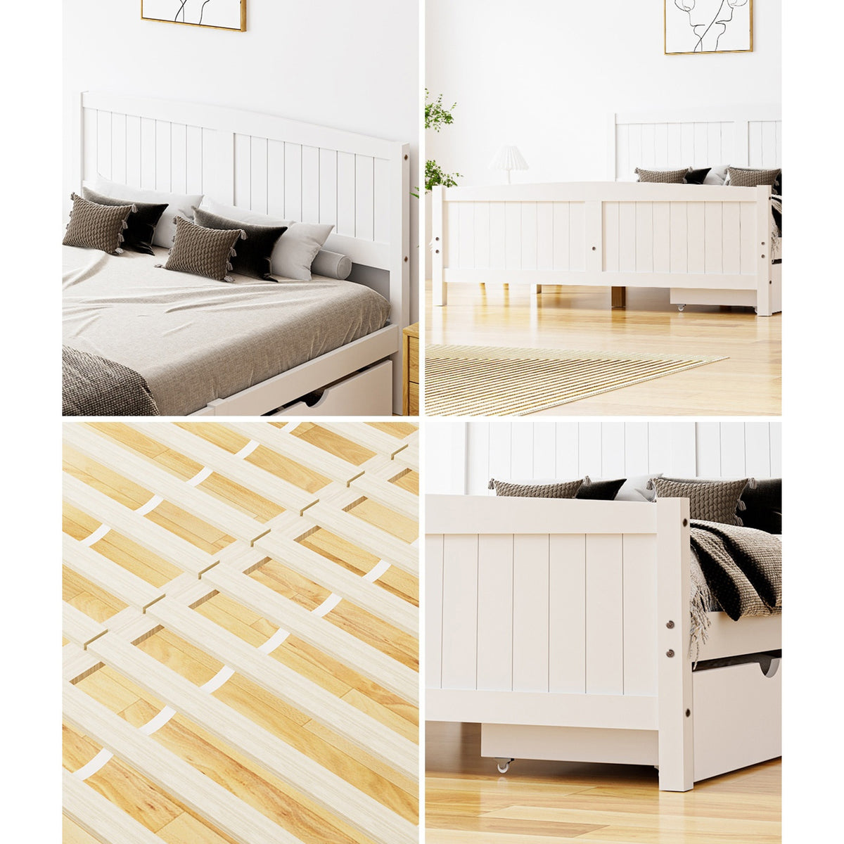 Oikiture Wooden Bed Frame Quenn Double King Single Base with Drawers White META