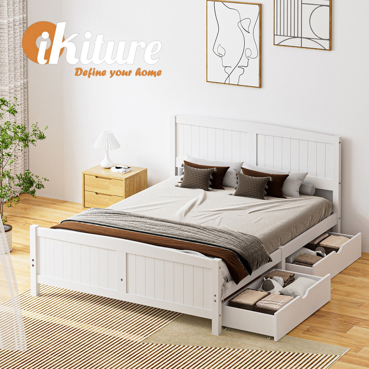 Oikiture Wooden Bed Frame Quenn Double King Single Base with Drawers White META