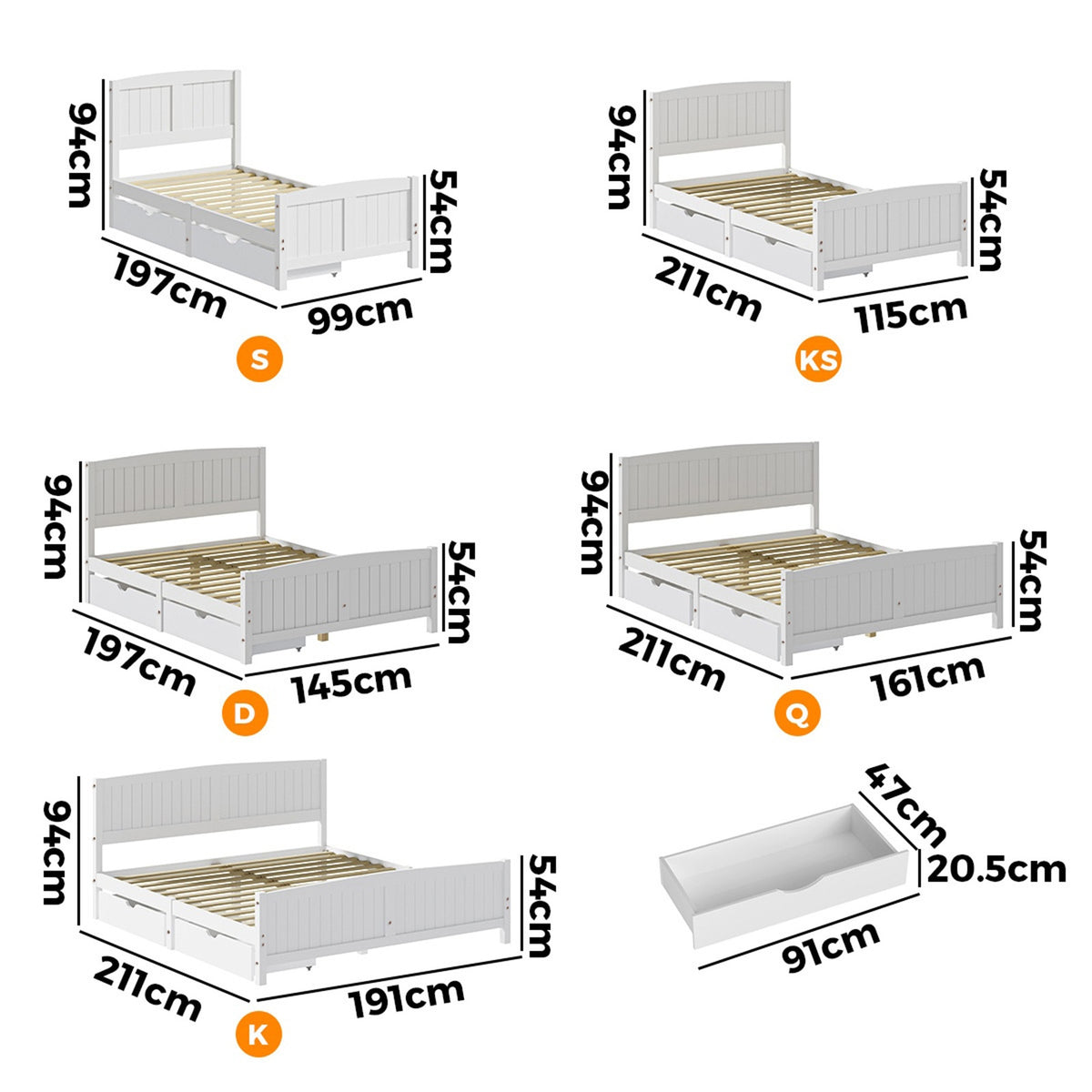 Oikiture Wooden Bed Frame Quenn Double King Single Base with Drawers White META