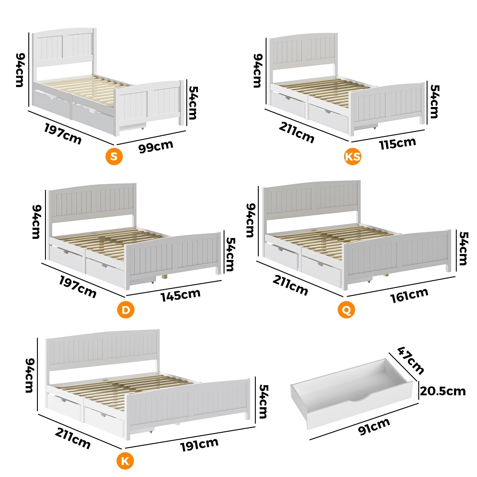 Oikiture Wooden Bed Frame Quenn Double King Single Base with Drawers White META - Sunyee