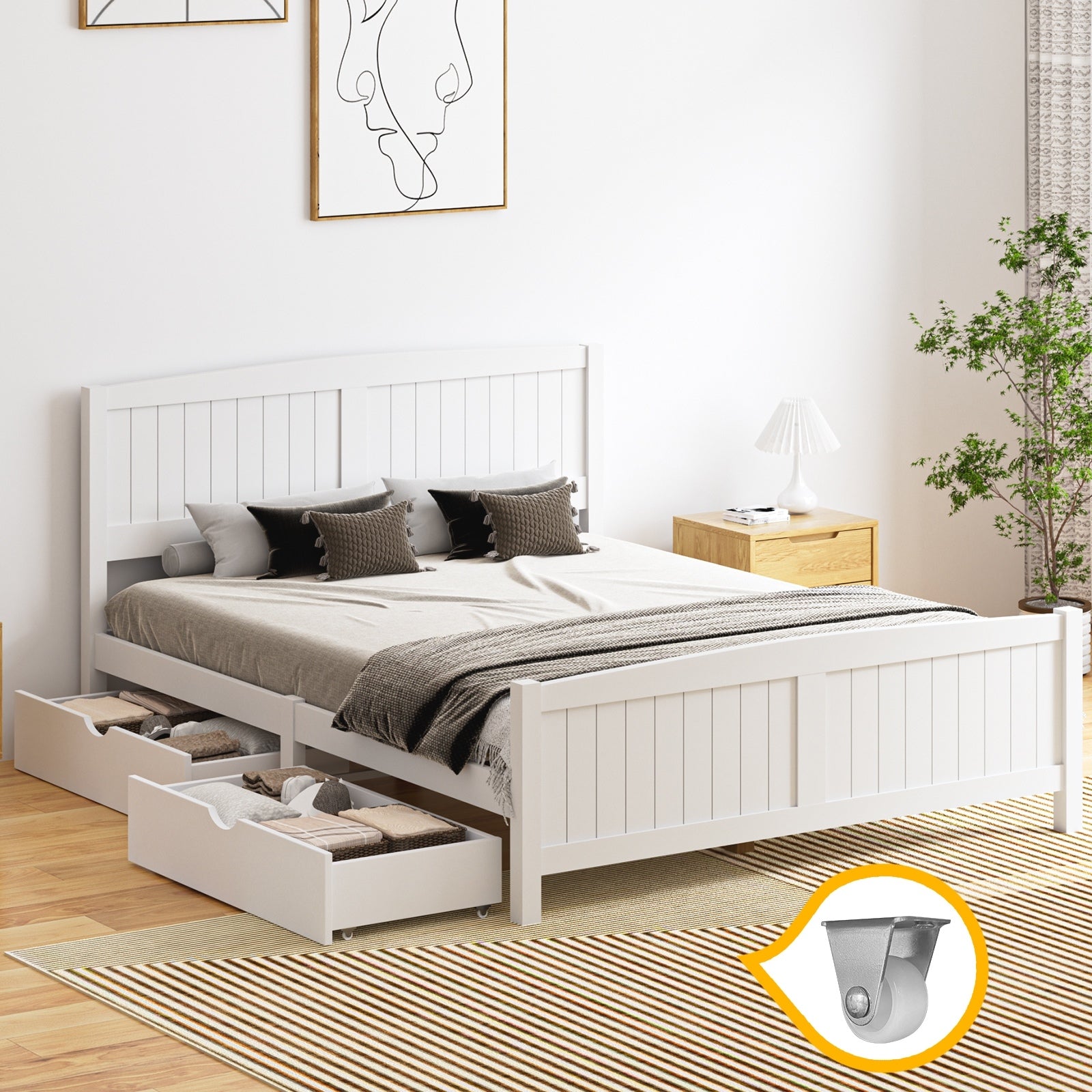Oikiture Wooden Bed Frame Quenn Double King Single Base with Drawers White META - Sunyee